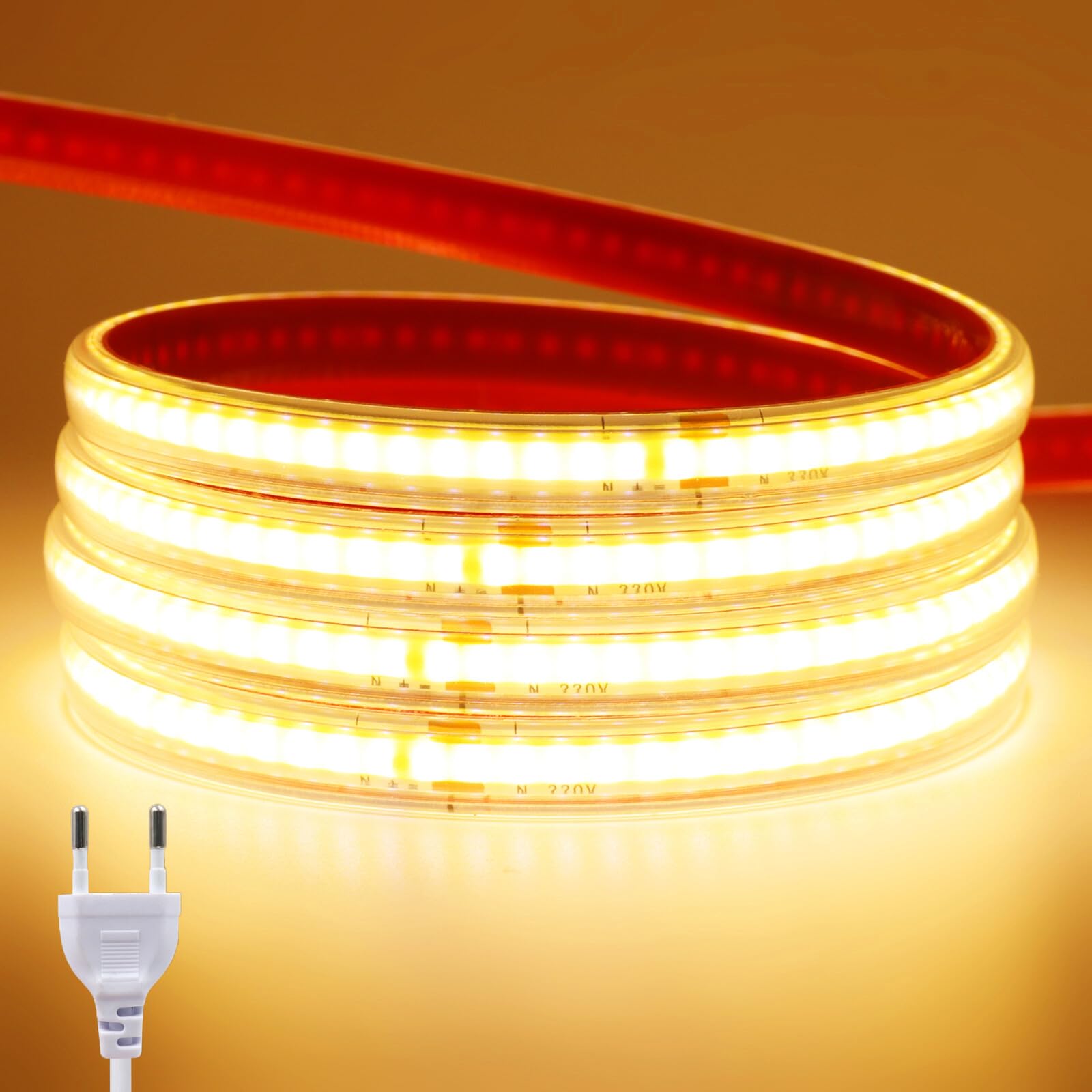 Tira LED COB 220V autoadhesiva [50M, Blanco cálido 3000-3500K], IP65 impermeable flexible, 240 LEDs/m tira LED cortable CRI85+, iluminación decorativa para hogares y tiendas