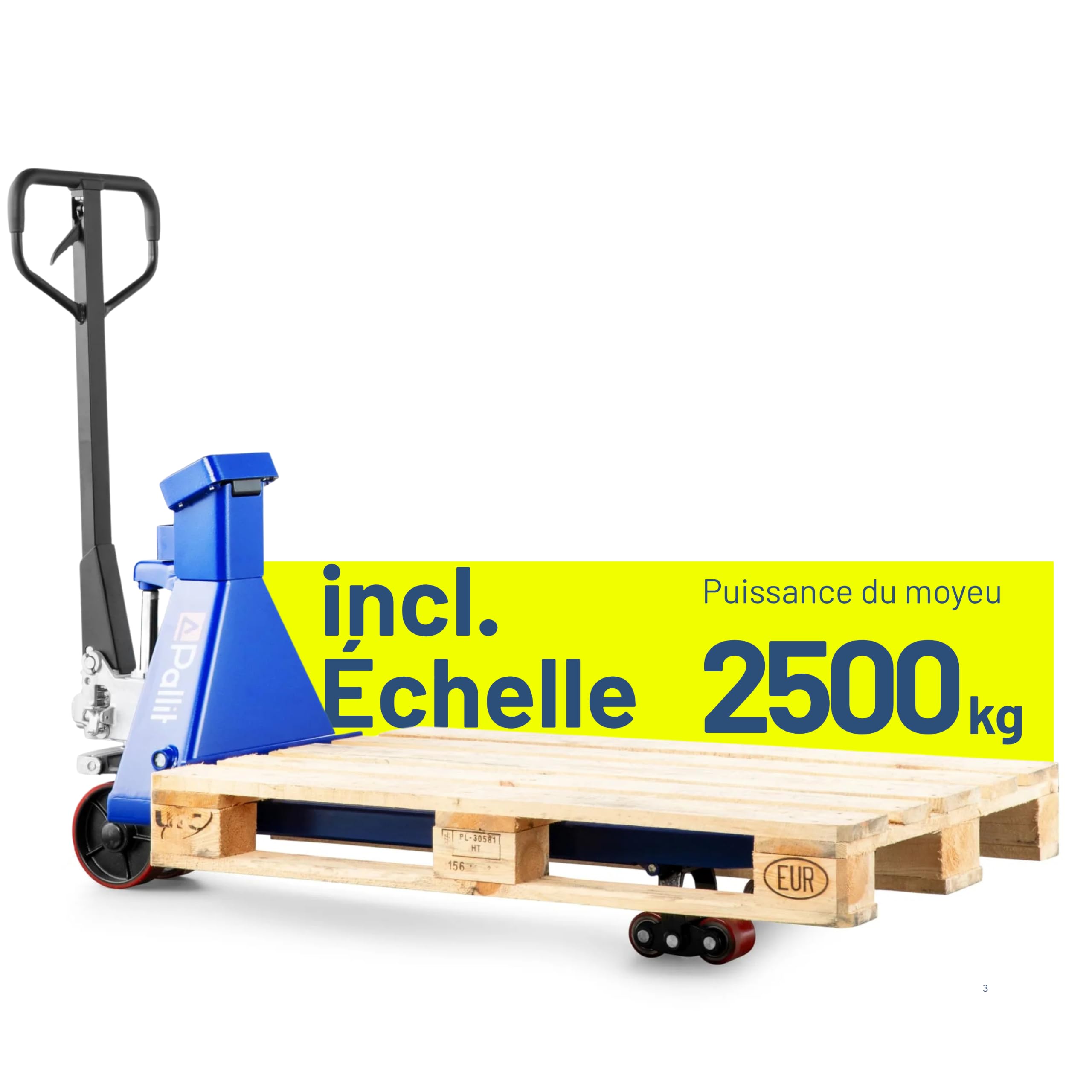 Pallit Transpalette Peseur Scale+ - 2500 kg, Pas 0,5 kg, Fourches 1150 mm | Balance numerique precision 1% pour pesage direct de palette, roues PU silencieuses et timon ergonomique haute capacite