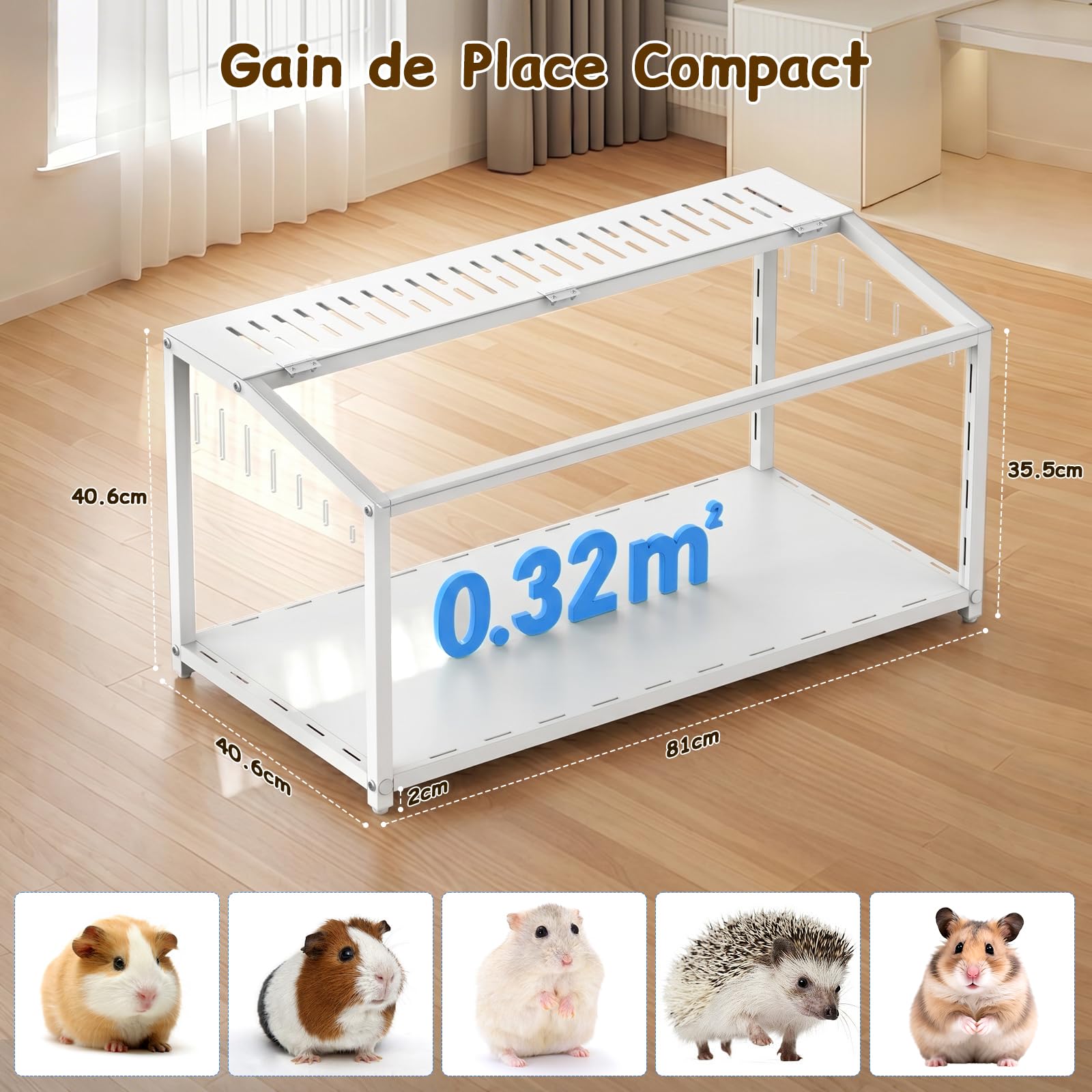 BORISI Cage Hamster Métal 81x40,6x40,6 cm, Anti-Morsure, Blanc