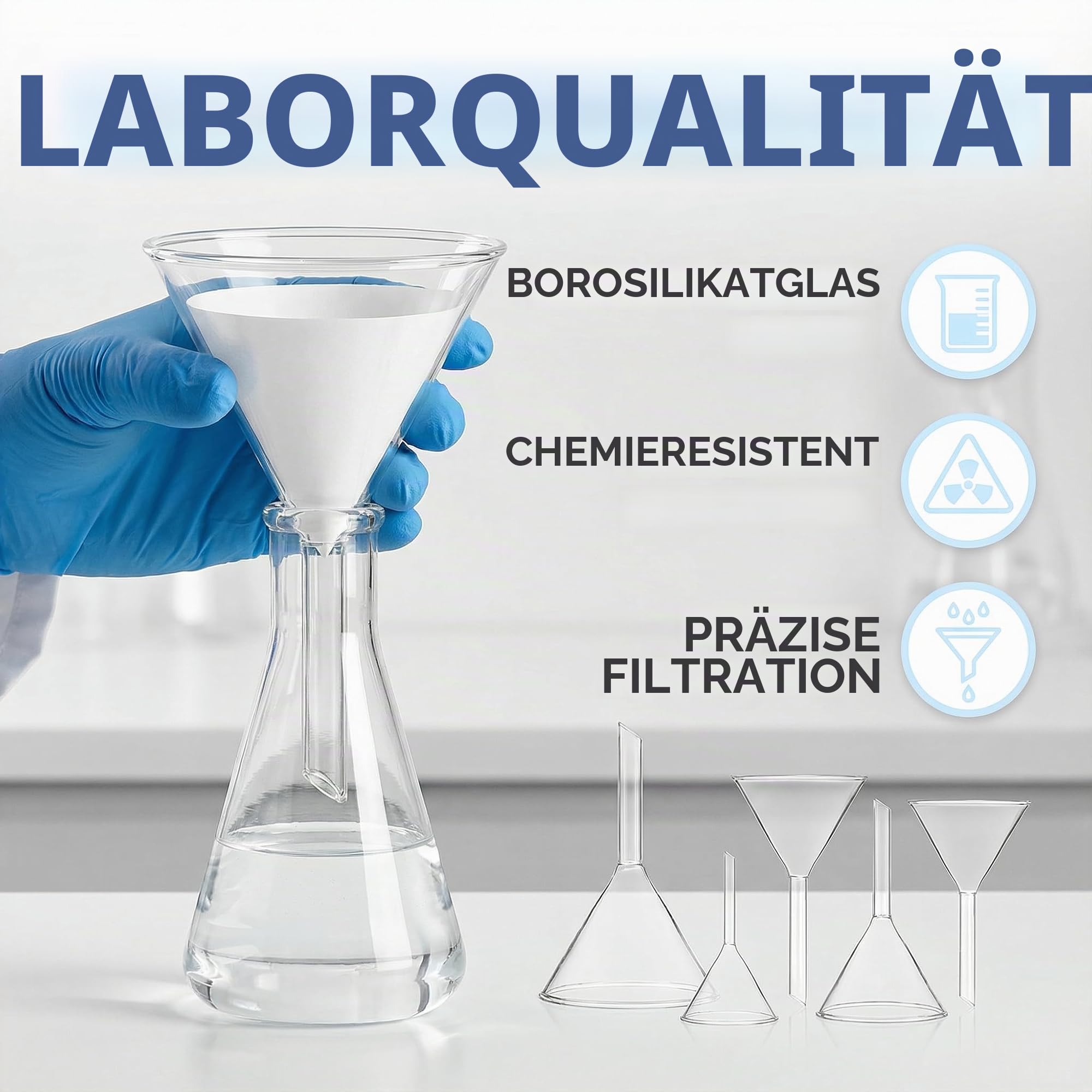 VILLCASE 5 Stück Labor Trichter, Glastrichter, Transparent Borosilikat Glas Mini Trichter, 30mm, 40mm, 50mm, 60mm, 75mm Durchmesser, Ideal für Chemie Experimente und Flüssigkeiten