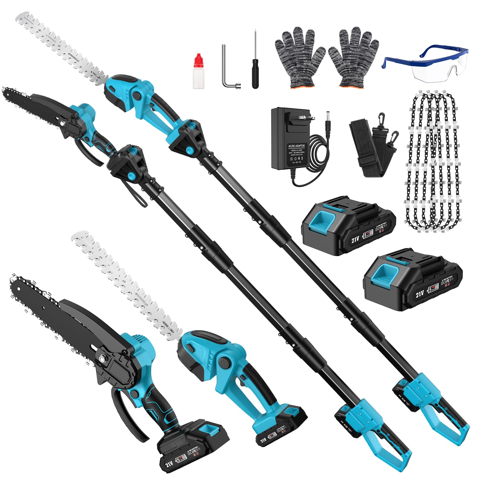 Motosierra y Cortasetos Batería con Pértiga Telescópico, 4 en 1 Kit de Herramientas Jardín, Podadora de Altura Electrica con 2 Baterías 4000 mAh, 4 Cadenas, Gafas, Guantes para Cortar Arbusto y Ramas