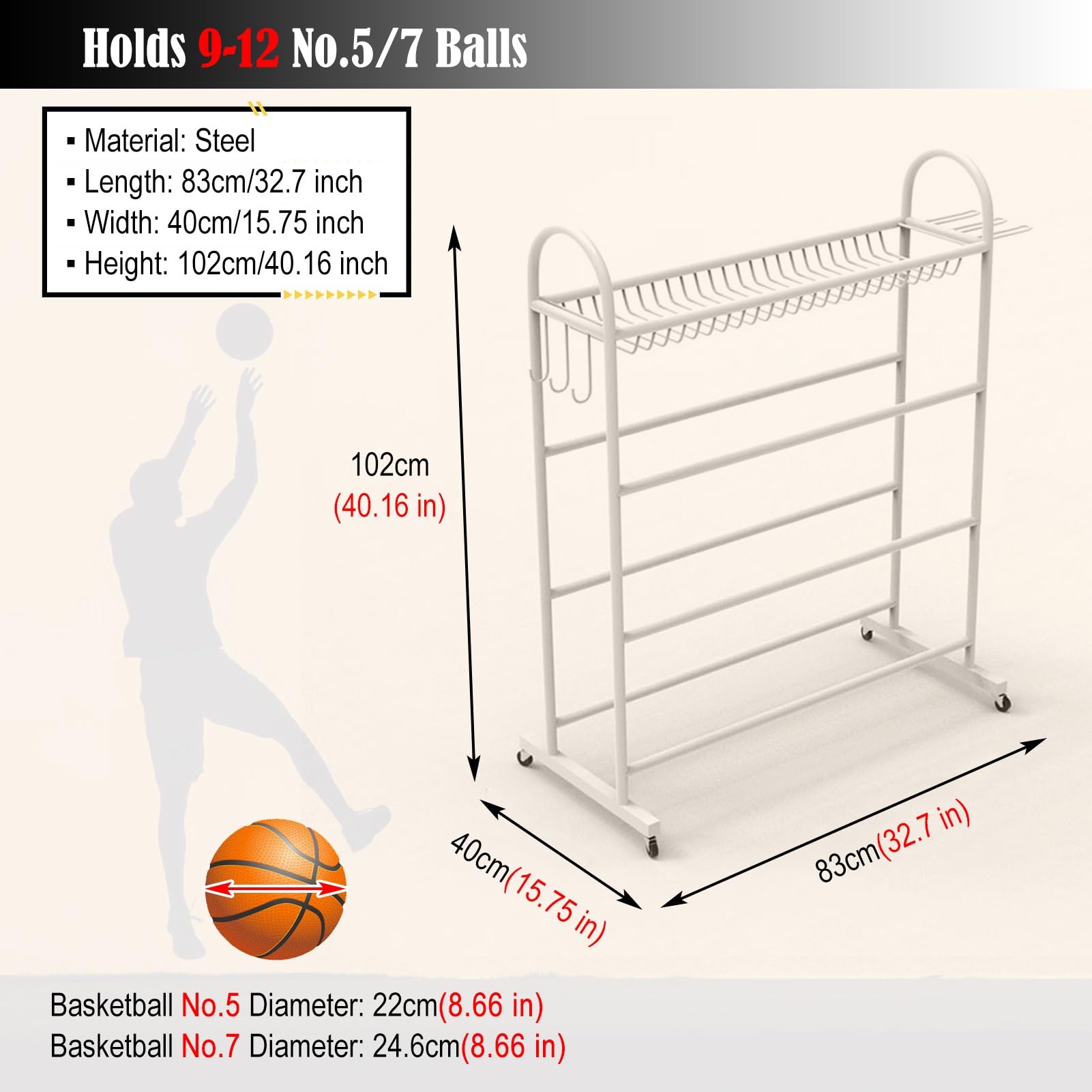 Nizer Sports Ball Nizer à 4 niveaux avec roues et crochets – Support de rangement polyvalent pour basket-ball, football, volley-ball, équipement athlétique, noir