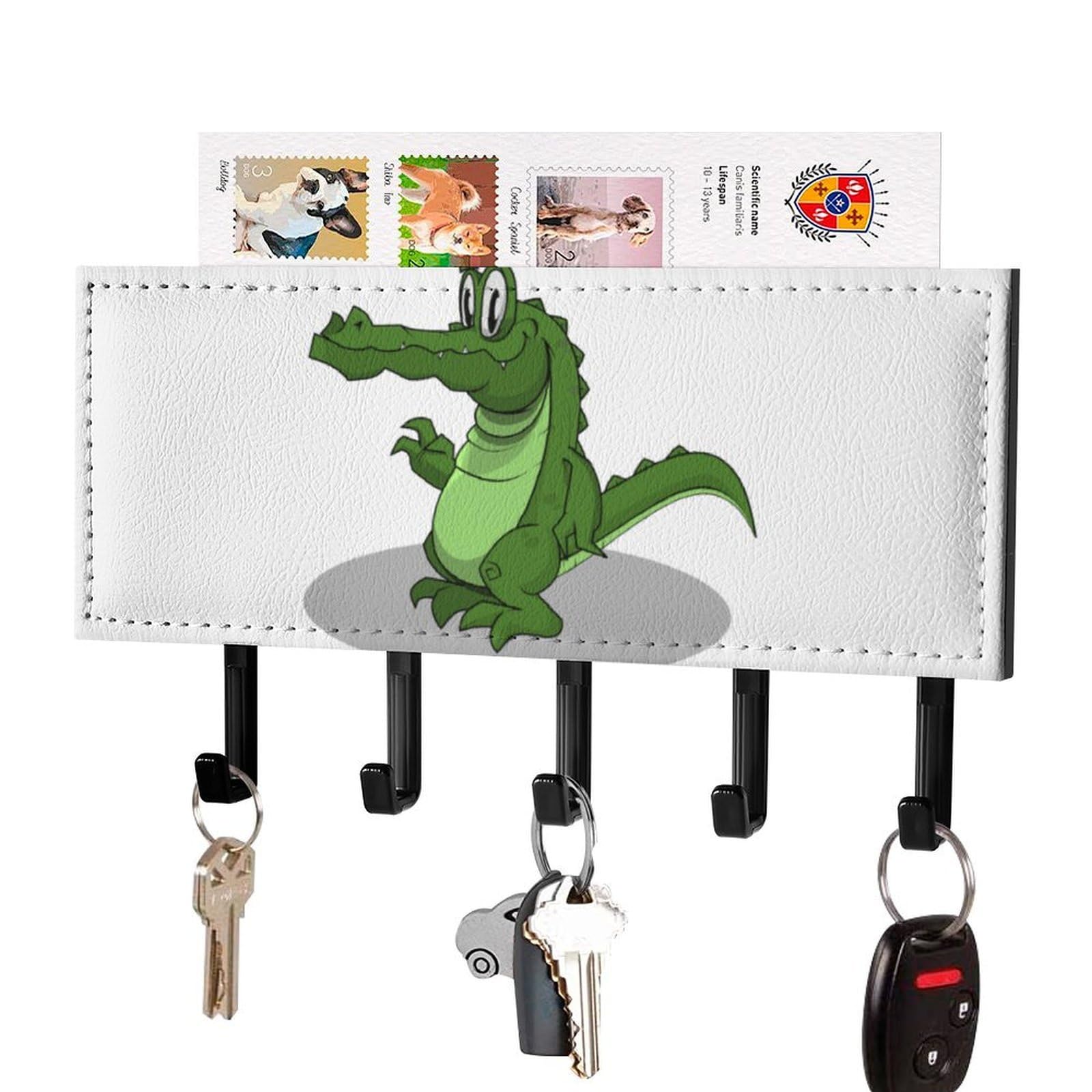 DWVTSLH Crocodile Key Holder for Wall, Decorative Key Hooks with Mail Organizer & 5 Hooks, Self Adhesive Leather Key Hanger for Entryway, Wall Mounted Key Rack (7.1” X 4.3” X 0.9”)