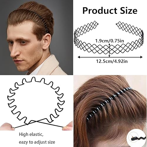 Miniatura 4 de BOYIVI 10 bandas de metal para el cabello para hombres y mujeres, diadema ondulada negra, antideslizante, unisex, banda para el cabello para