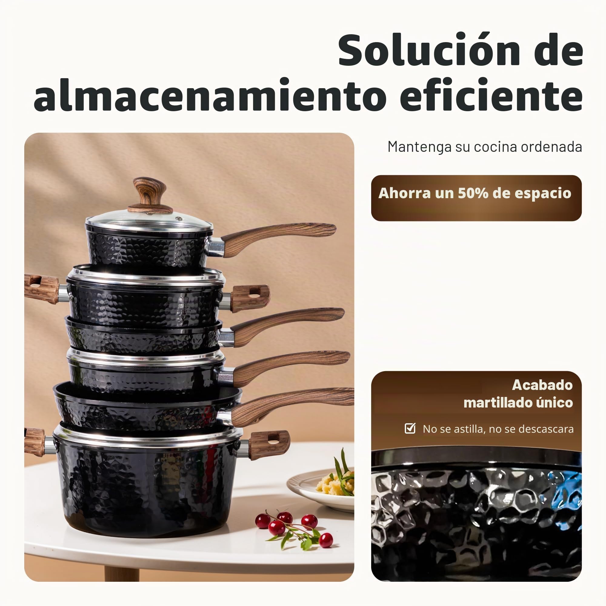 Kitchen Academy Juego de Ollas y Sartenes 15 Piezas con Tapa Negro | Juego de Cocina con Tapa, Ollas y Sartenes con Revestimiento Antiadherente para Inducción, Cocinas de Gas y Microondas