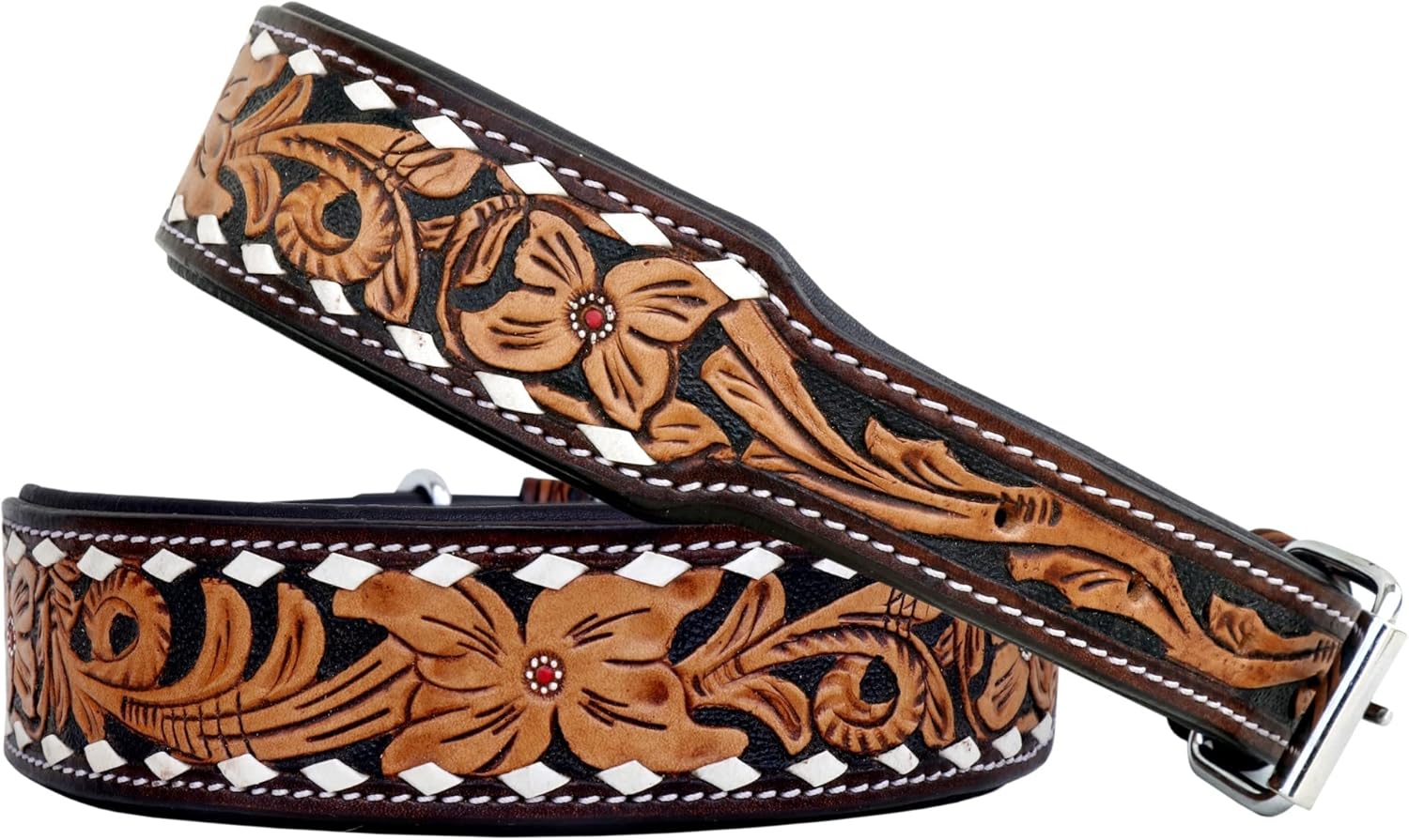 Affilare Leather Dog Collar Western Style Heavy Duty Hand Tooled Adjustable Padded Soft for Puppies and Big Dogs 10AB112-XS
