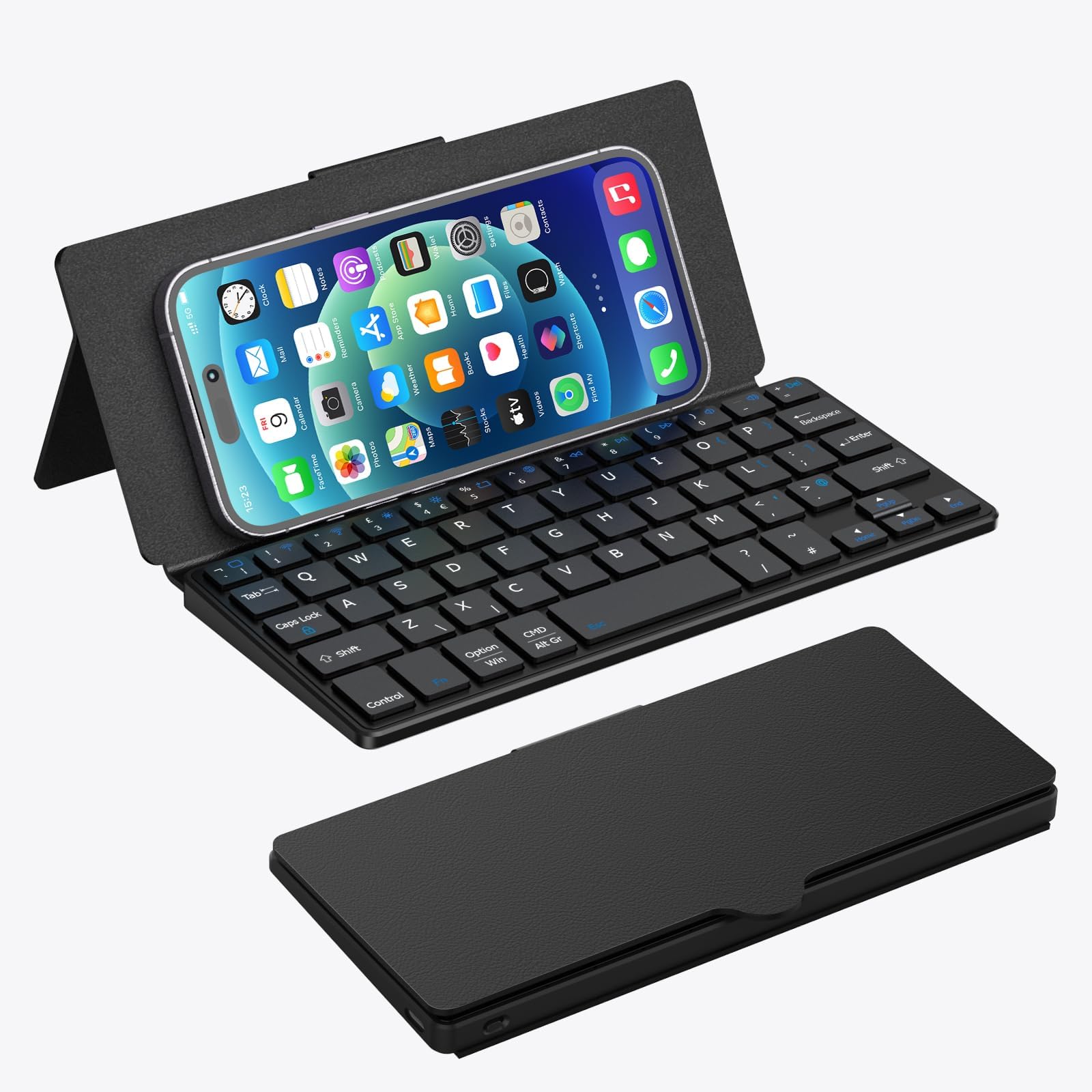 Doohoeek Portable Mini Keyboard for iPhone, iPad, Android Tablet, Dual Bluetooth Universal Keyboard with Freely Pivoting Stand for Android, Windows and iOS