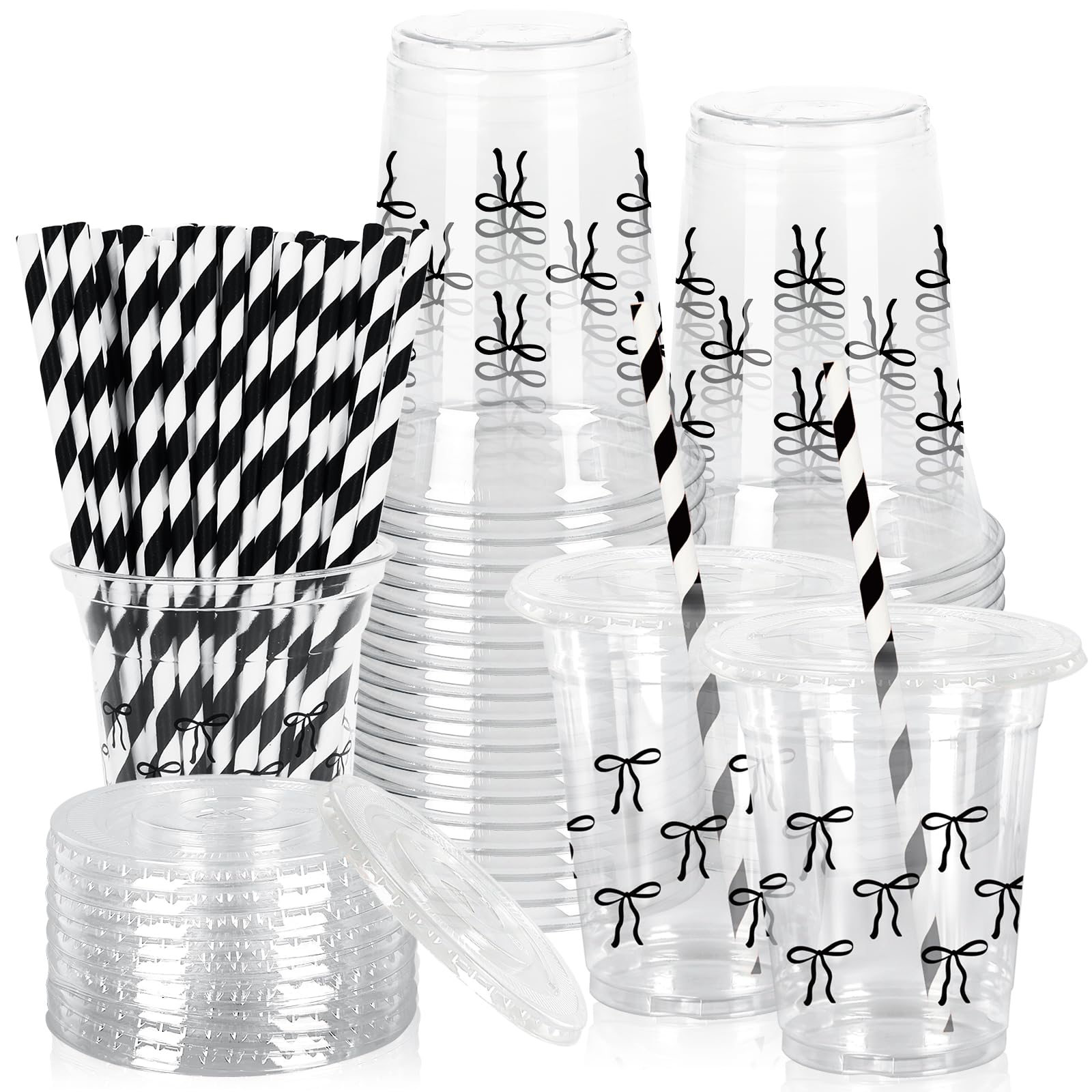 FYSUIMU 50Pcs 12Oz Black Bow Plastic Cups with Lids & Straws Cute Bowknot Clear Disposable Cups for Coquette Birthday Baby Shower Party Supplies