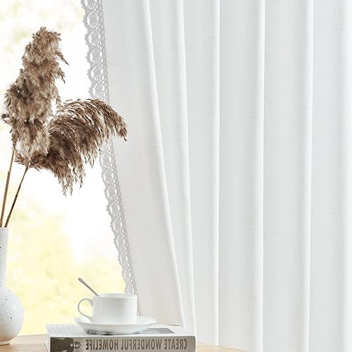 Miniatura 2 de Lazzzy Cortinas de lino blanco de 84 pulgadas de largo para sala de estar, dormitorio, bolsillo trasero, cortina semitransparente con ribete de
