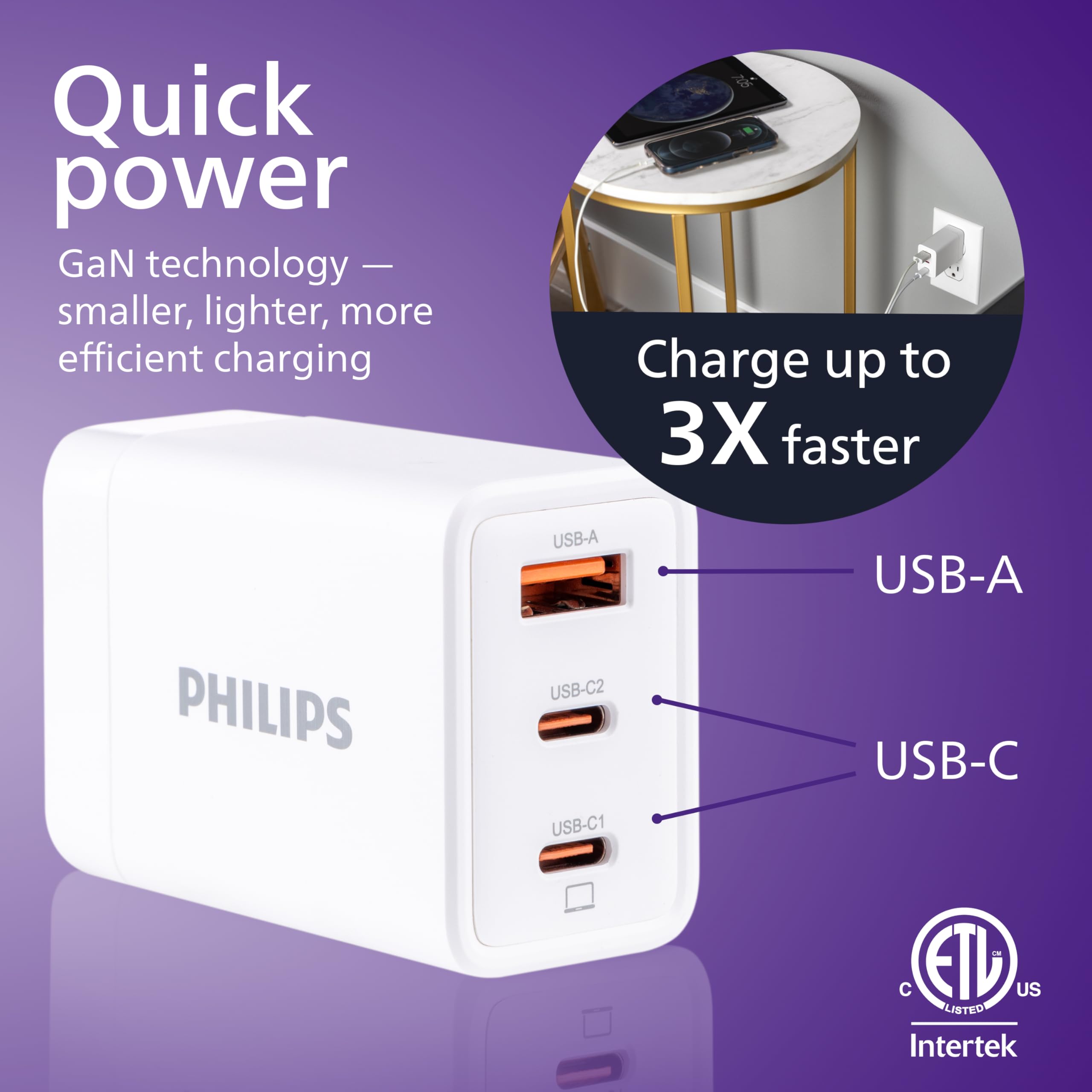 Philips iPhone Charger Fast Charging, 65W USB C, 3-Port GaN Charger Block with USB A, Foldable Fast Wall Charge for iPhone 16 Series, 15 Series, iPad Pro, White, DLP3653W/37