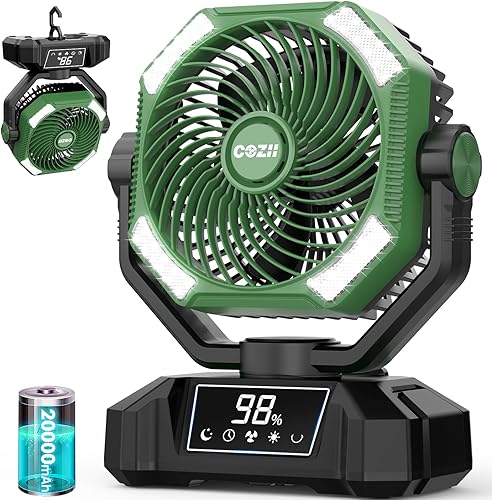 Ventilador recargable portátil, ventilador oscilante de 20000 mAh recargable – Pantalla táctil, 5 velocidades, 8 temporizadores, linterna LED de 3 de COZII