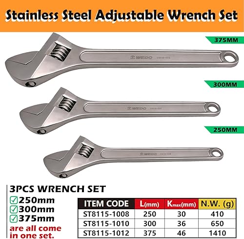 Miniatura 24 de WEDO Llave inglesa ajustable de acero inoxidable, anticorrosión, alta resistencia, mandíbulas fresadas de precisión para una máxima potencia