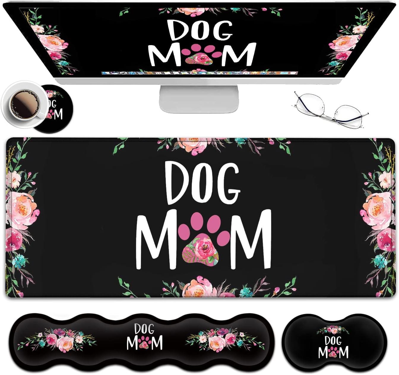 Gaming Mouse Pad XXL Large Desk Mat Non-Slip Rubber Mice, Stitched Edges(31.5x11.8 in) Ergonomic Memory Foam Keyboard Wrist Rest, Cute Funy Anime Cartoo Colorful Elephant Black Extended Mouse Pad Set