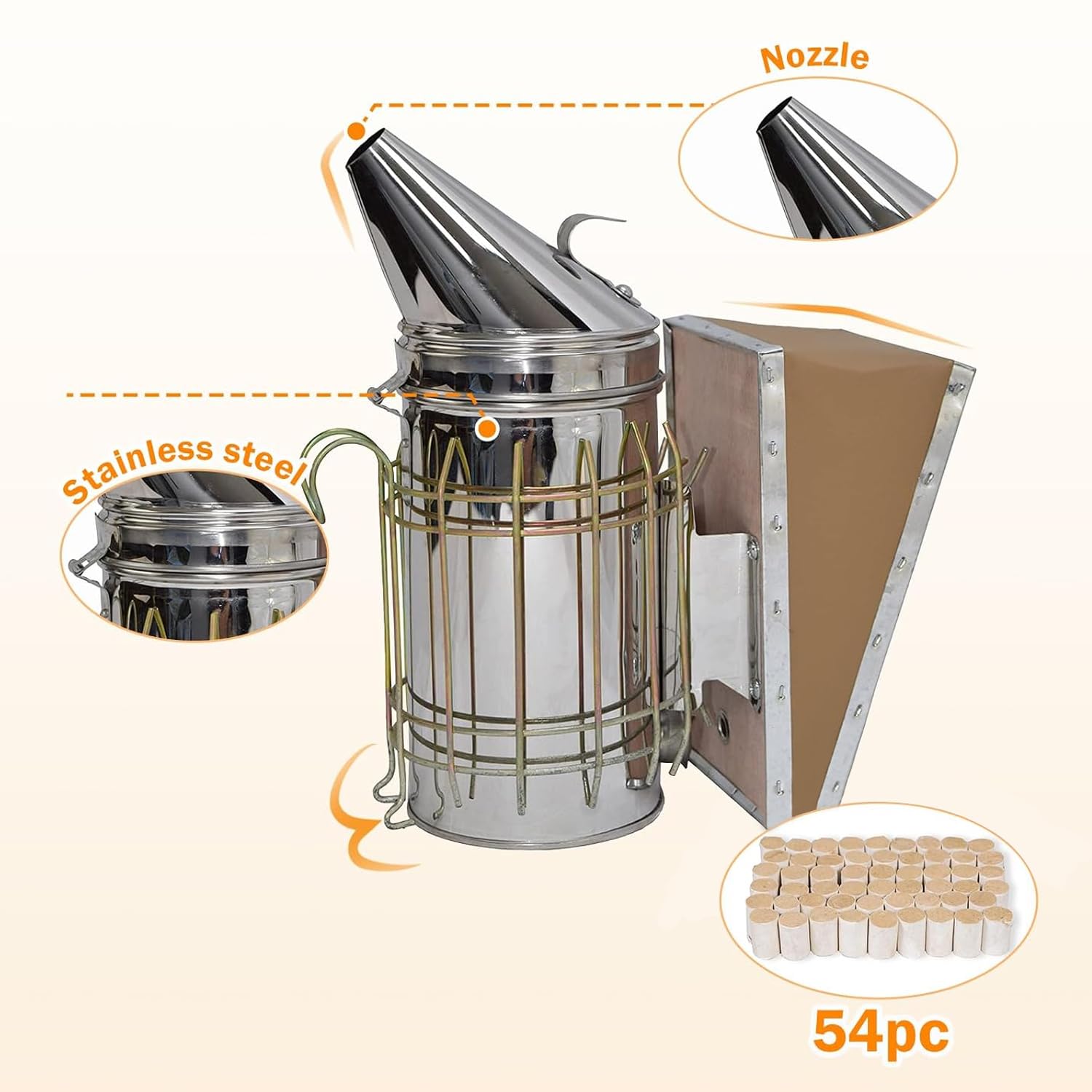 Kit de ahumador de colmena de abeja, ahumador de colmena de abeja de acero inoxidable con escudo térmico, kit de herramientas de apicultura incluido 54 pellets de ahumador de colmena para apicultor