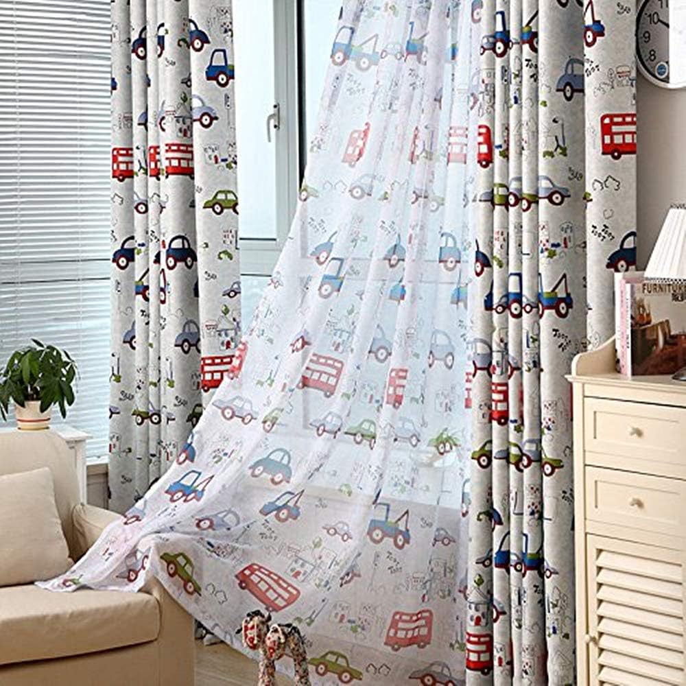 AiFish 1 Panel Kids Curtains Sheer Panels 96 Inches Long Cartoon Car and Bus Print Sheer Curtains Boys Room Rod Pocket Curtains Drapes Window Treatment for Bedroom W39 x L96 inch