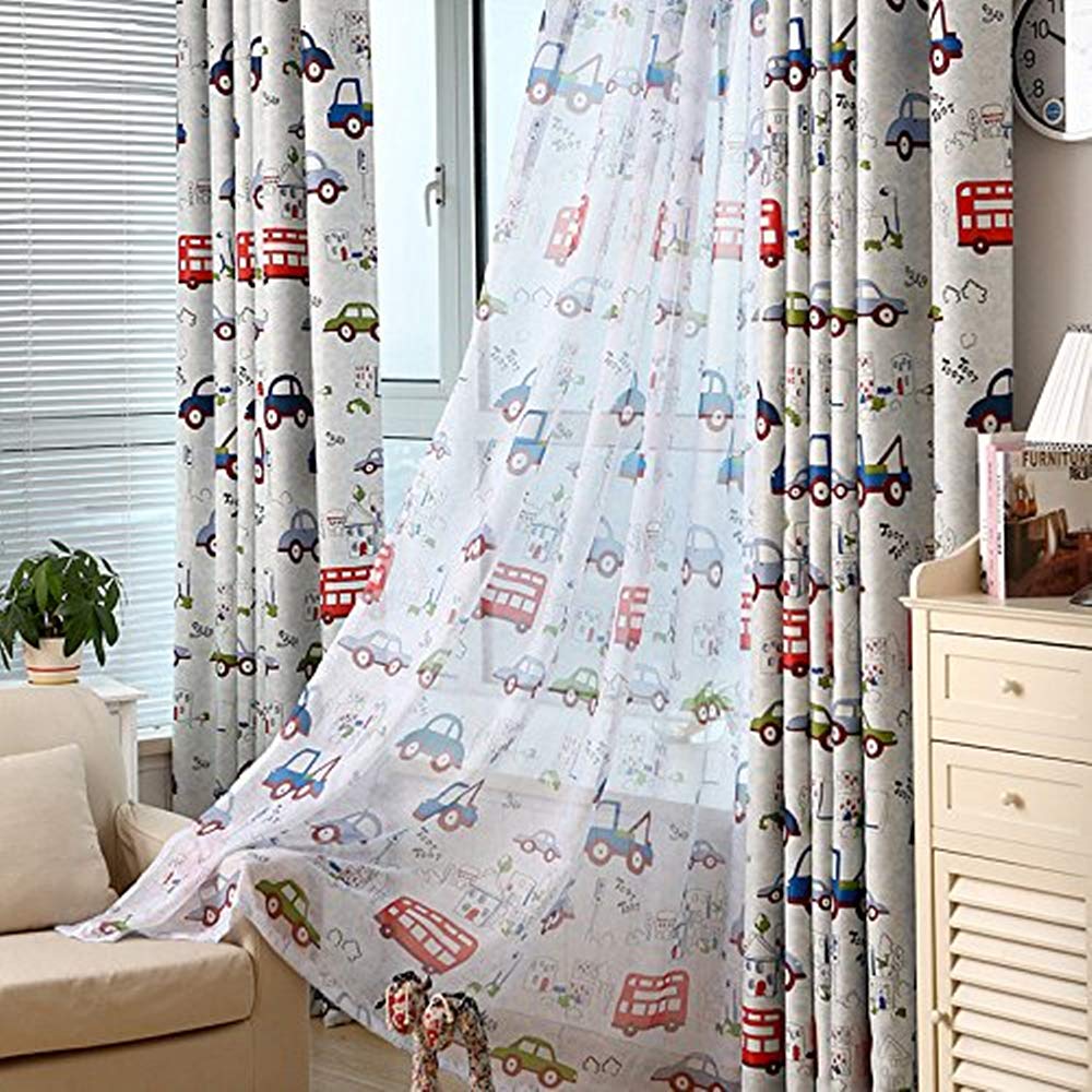 AiFish 1 Panel Kids Curtains Sheer Panels 96 Inches Long Cartoon Car and Bus Print Sheer Curtains Boys Room Rod Pocket Curtains Drapes Window Treatment for Bedroom W39 x L96 inch