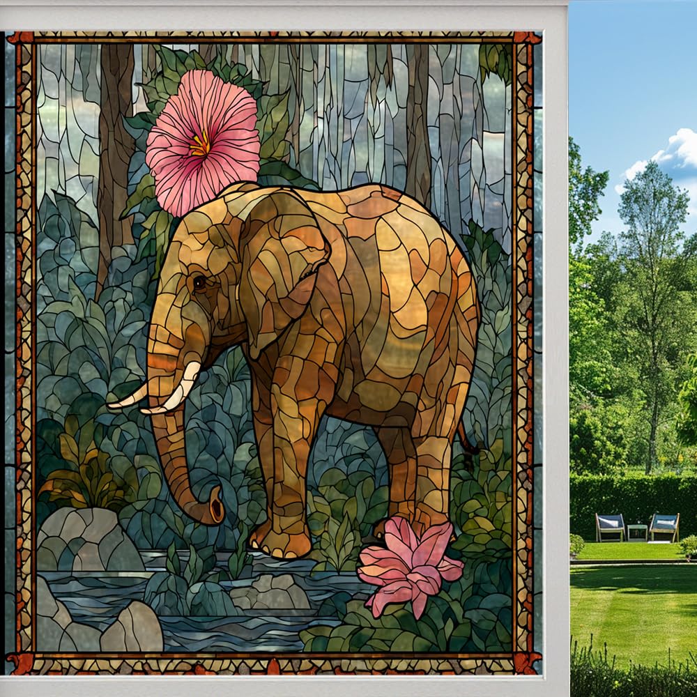 Walking Elephant Stained Glass Window Film, Colorful Tropical Jungle Peel and Stick Privacy Film, Frosted Adhesive Vinyl Decorative for Bathroom Windows Glass Doors, （90x160cm）