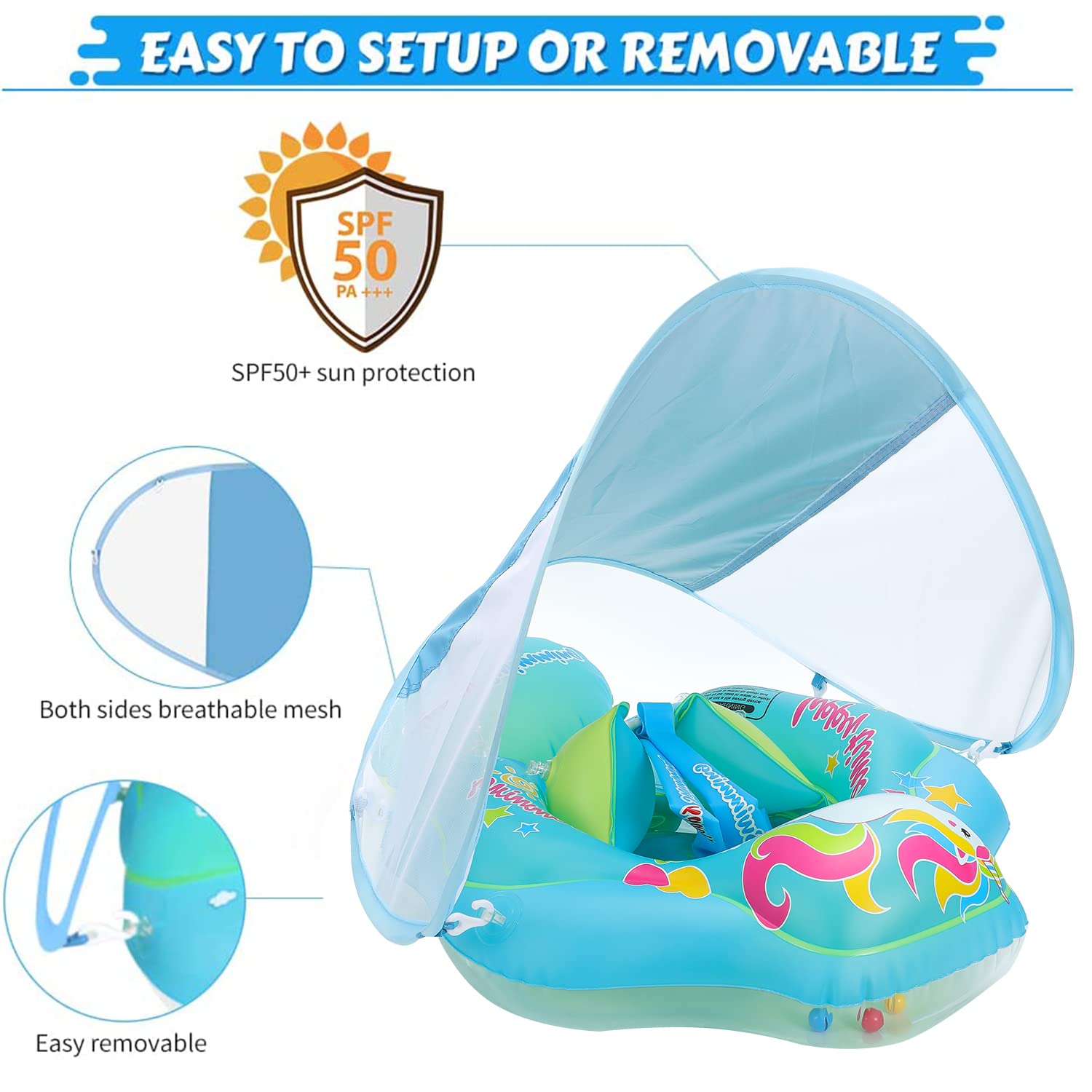 Baby Schwimmring mit abnehmbarem sonnendach,Schwimmhilfe verstellbare Schultergurte,Schwimmtrainer,mit aufblasbarer Swimming Float für ab 3-36 Monate.