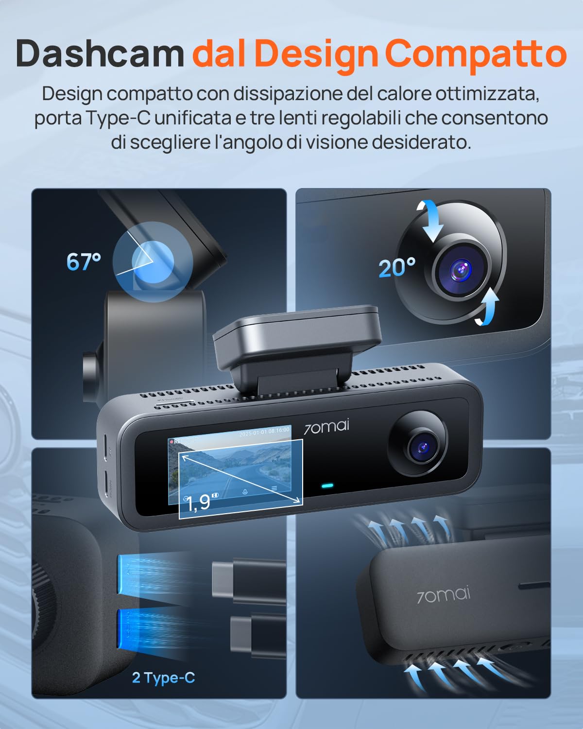 70mai Dash Cam Auto 4K 3 Canali T800E · Telecamera Tripla 4K+1080P+1080P — immagine 7 di 15