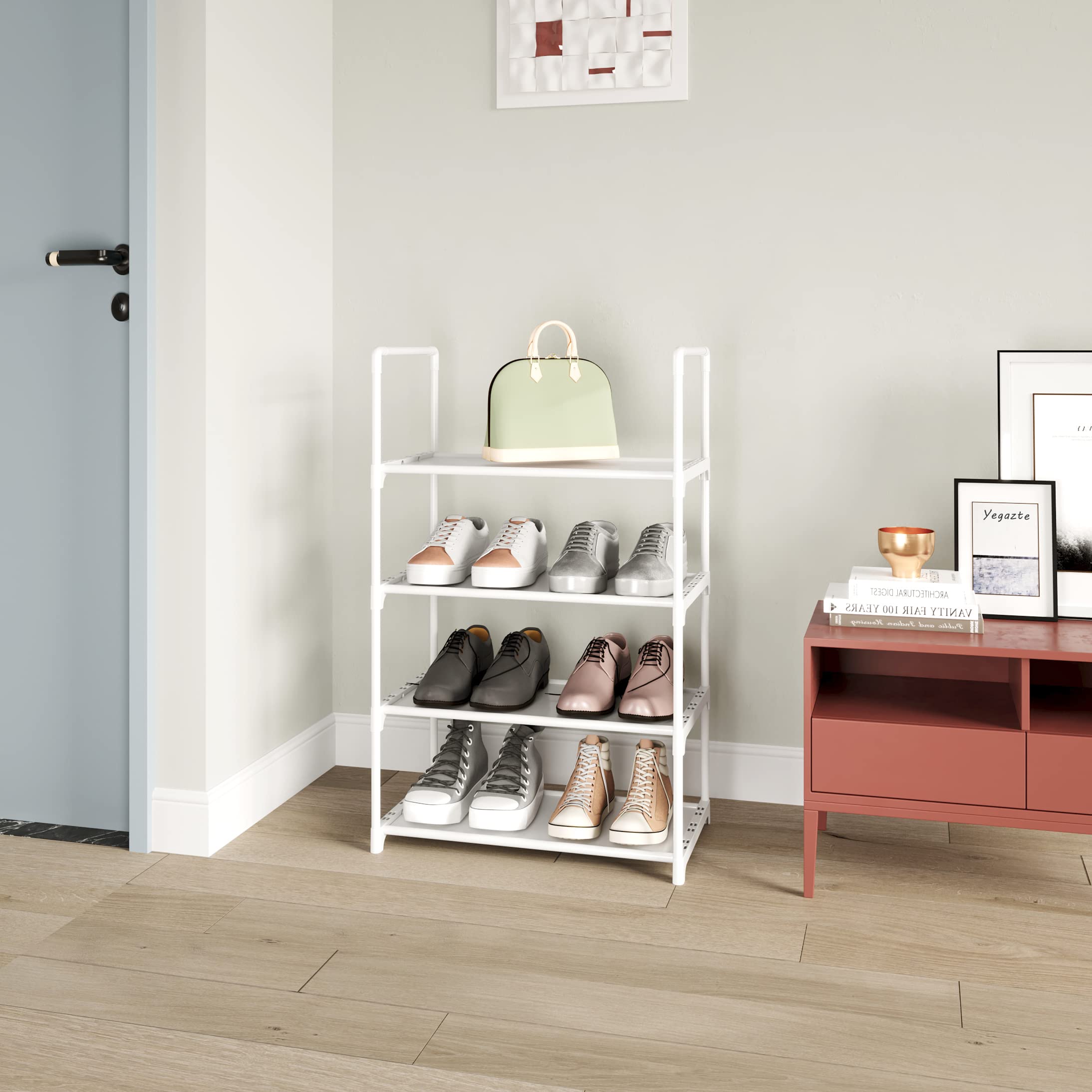 Zapatero pequeño apilable mejorado, organizador de almacenamiento de 4 niveles con asa para entrada, pasillo y armario (blanco)