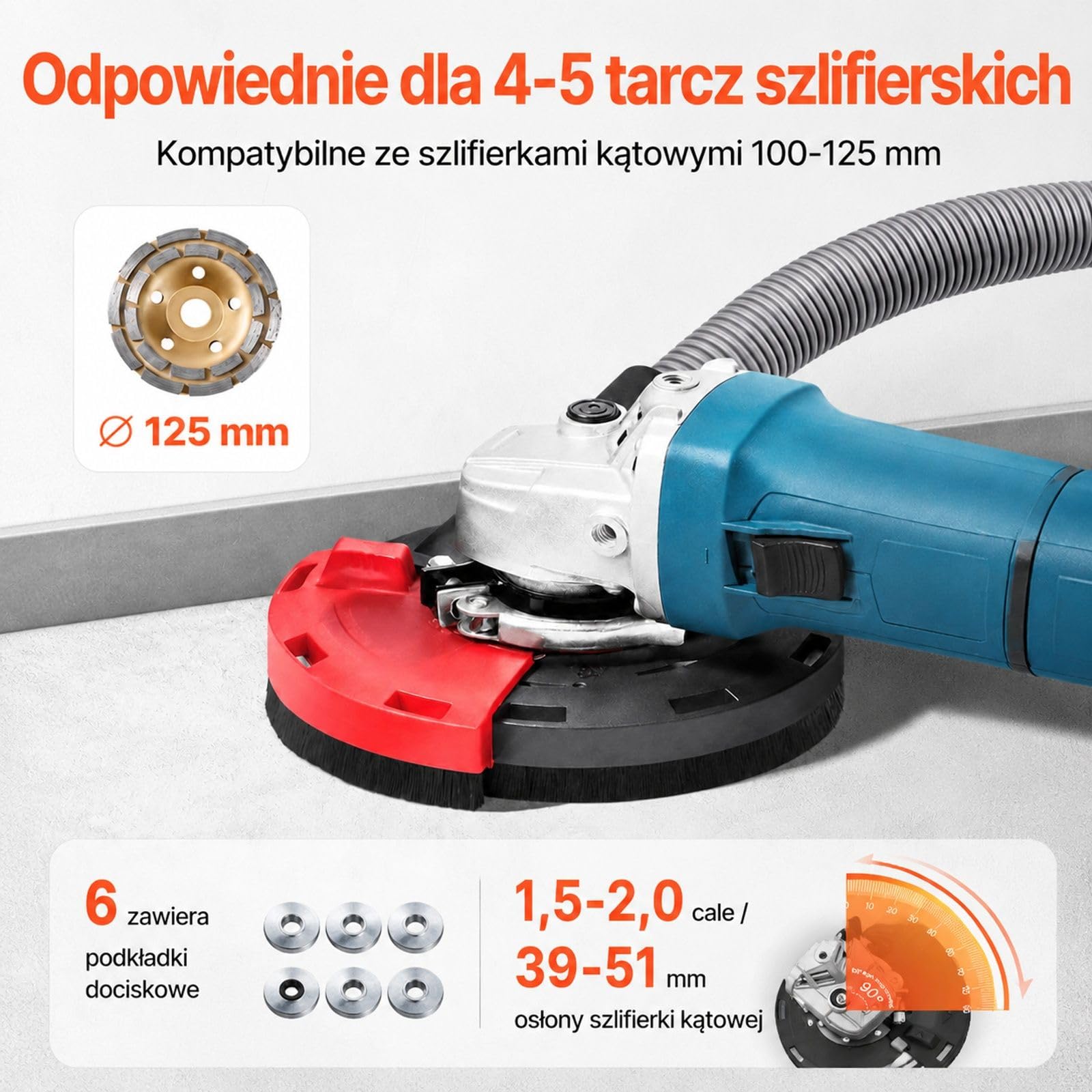 Osłona do szlifierki kątowej z diamentową tarczą garnkową, 6 pierścieni zaciskowych, czerwono czarna obudowa