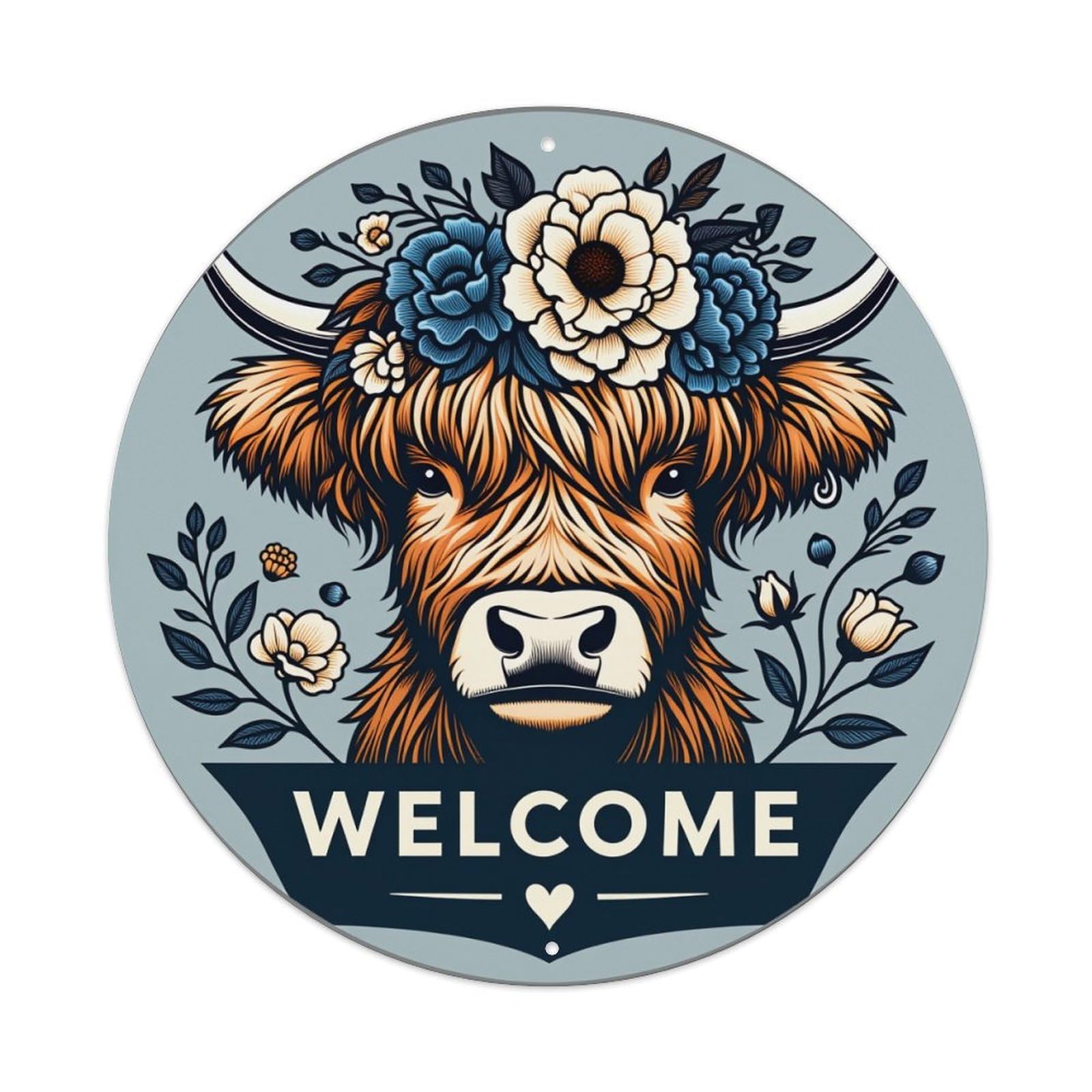 Floral Cow Welcome Design Art Round Tin Sign Vintage Style Metal Sign Home Bar Garden Wall Plaque Decor Metal Poster 8x8 Inch
