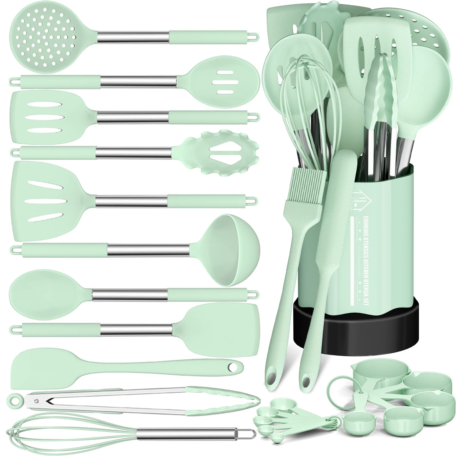 Silicone Cooking Utensil Set, Fungun Non-stick Kitchen Utensil 24 Pcs Cooking Utensils Set, Heat Resistant Cookware, Silicone Kitchen Tools Gift with Stainless Steel Handle (Green-24pcs)