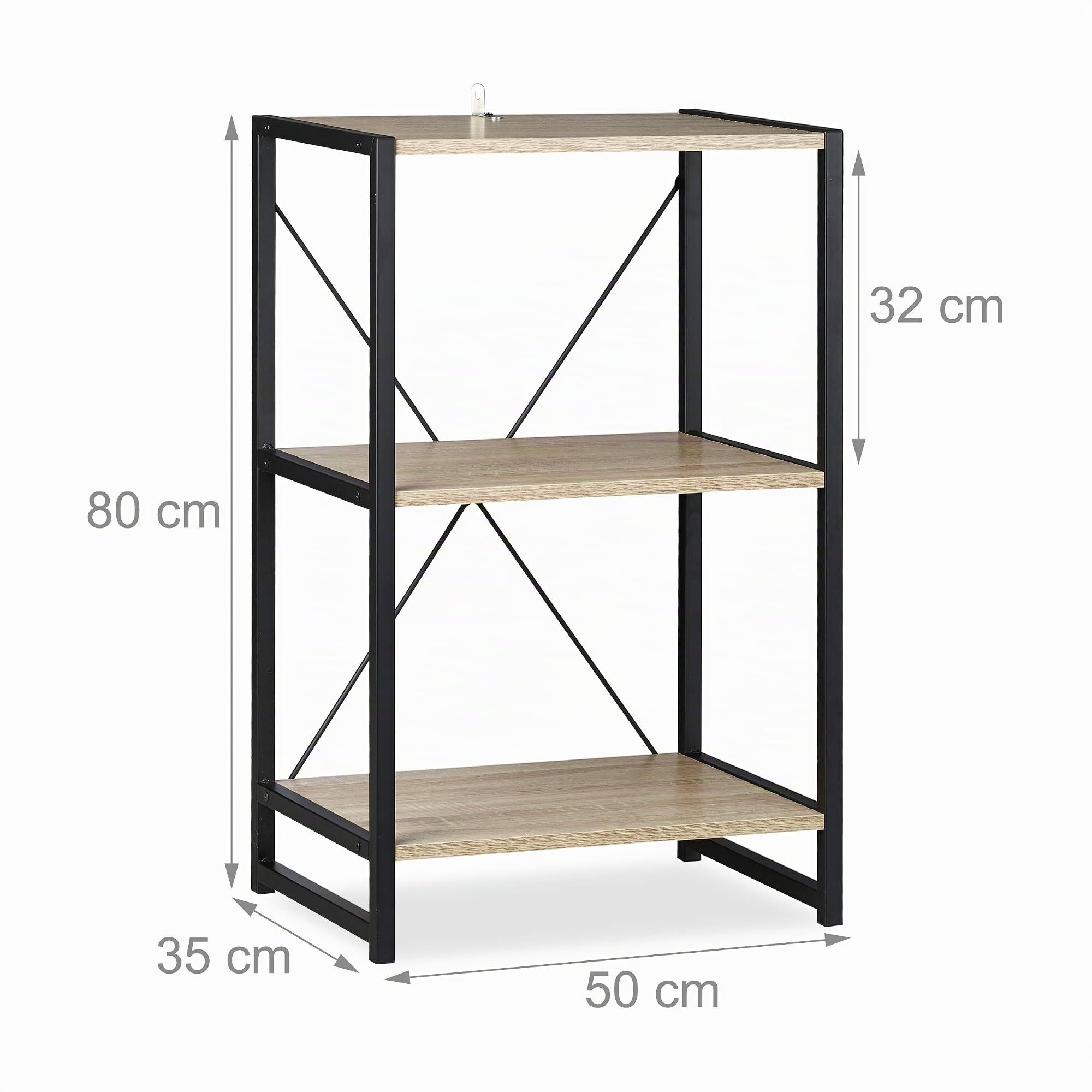Relaxdays Scaffale in Legno Stile Industrial, Libreria Piccola con 3 Ripiani HLP: 80x50x35cm in Rovere/Metallo, Marrone