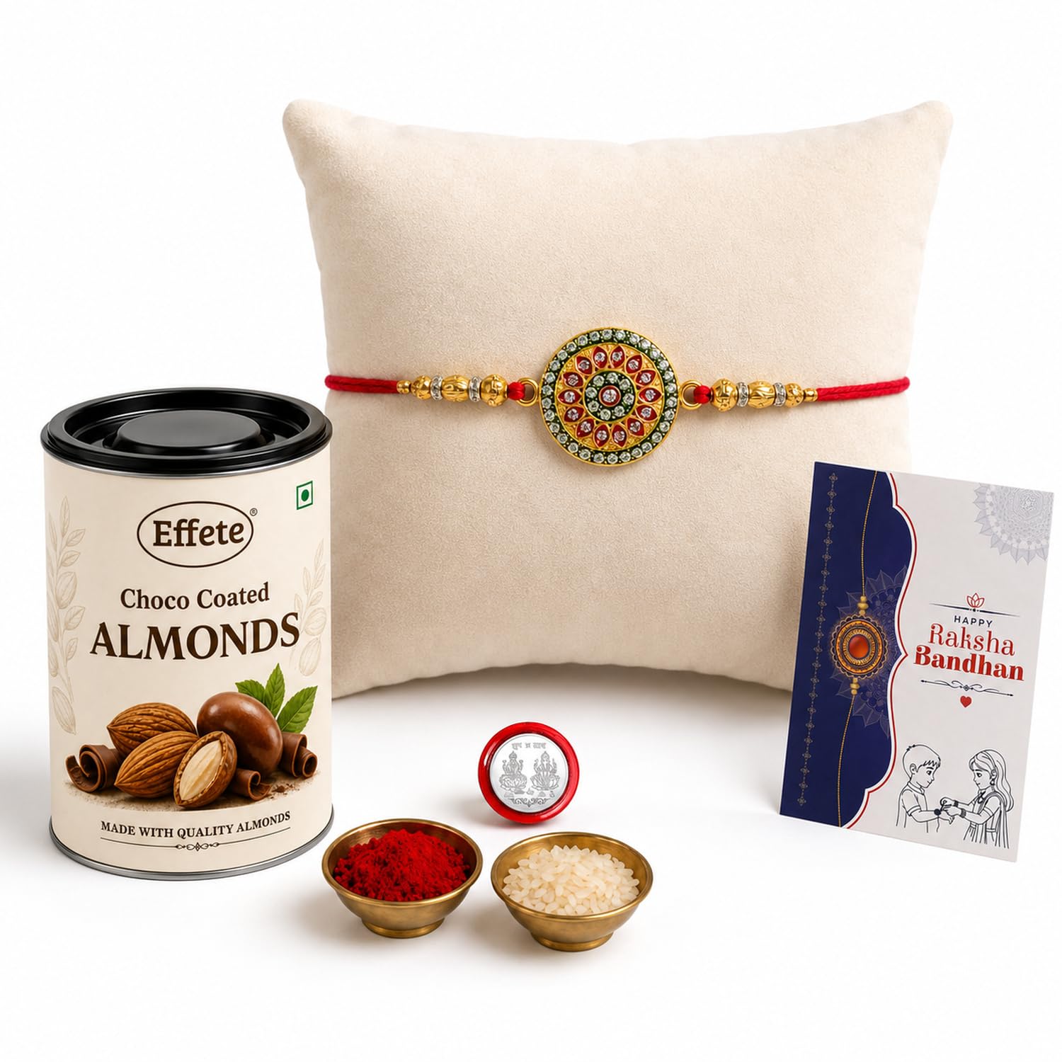 DeoDap Designer Rangoli Round Rakhi for Brother with Choco Coated Almonds Chocolate 96gm, Pooja Coin, Roli Chawal & Card | Rakhi with Chocolate Combo for Raksha Bandhan