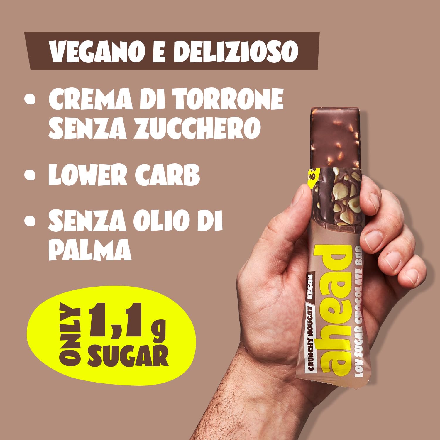 AHEAD Barrette Keto Vegane – 16 x 35g – Crunchy Nougat– Barrette senza zucchero – solo 5g di carboidrati netti per barretta chetogenica – keto bar con cioccolato senza zucchero