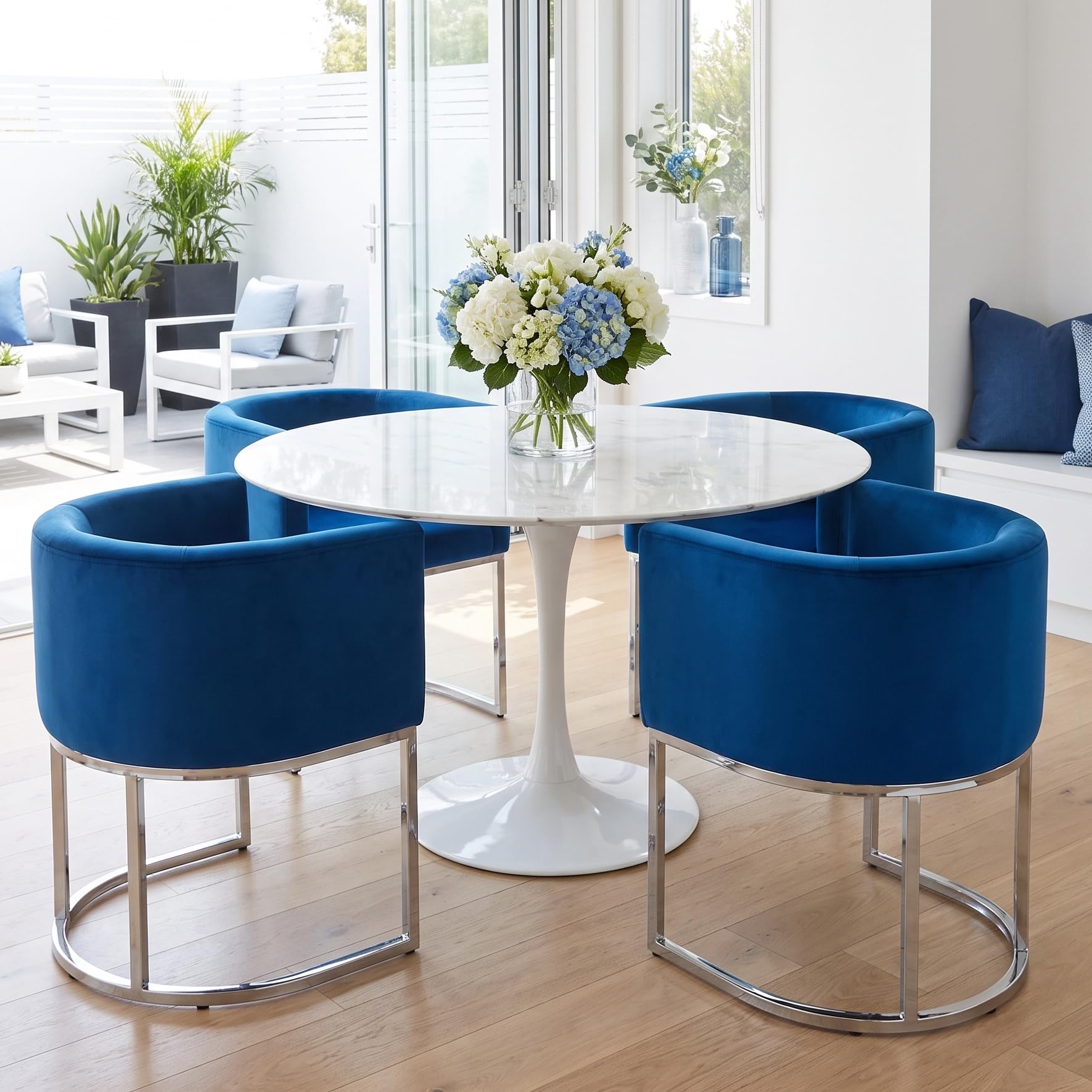 RIVOVA Upholstered Dining Chairs Set of 4, Modern Barrel Side Armchair Dining Room Chairs Comfy Armchair Kitchen Side Chair with Chrome Metal Legs, Blue Velvet