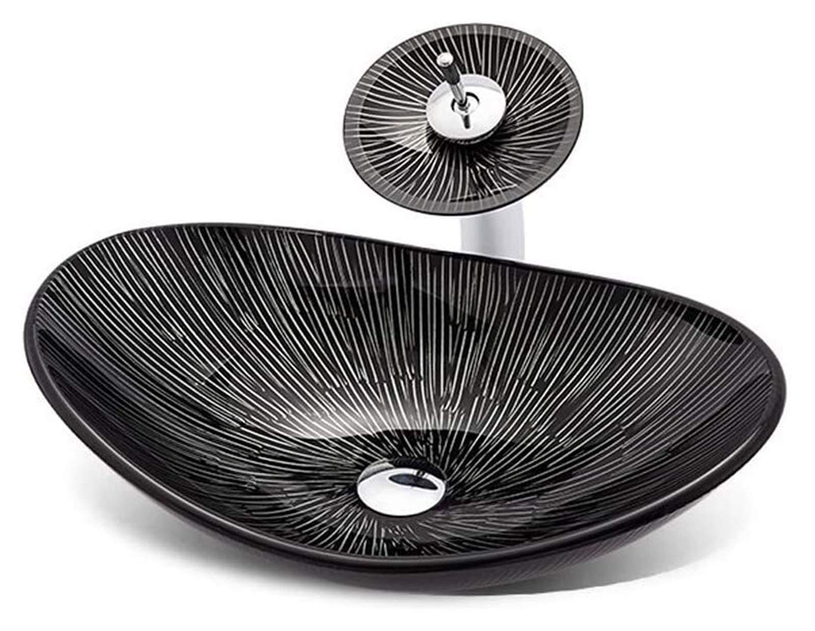 WOTZOV Vanity Unit With Basin,Bathroom Basin Vessels Sink Countertop Basin, Radiation Line Pattern Vessel Vanity Sink Tempered Glass Above Counter Bathroom Lavatory Bowl