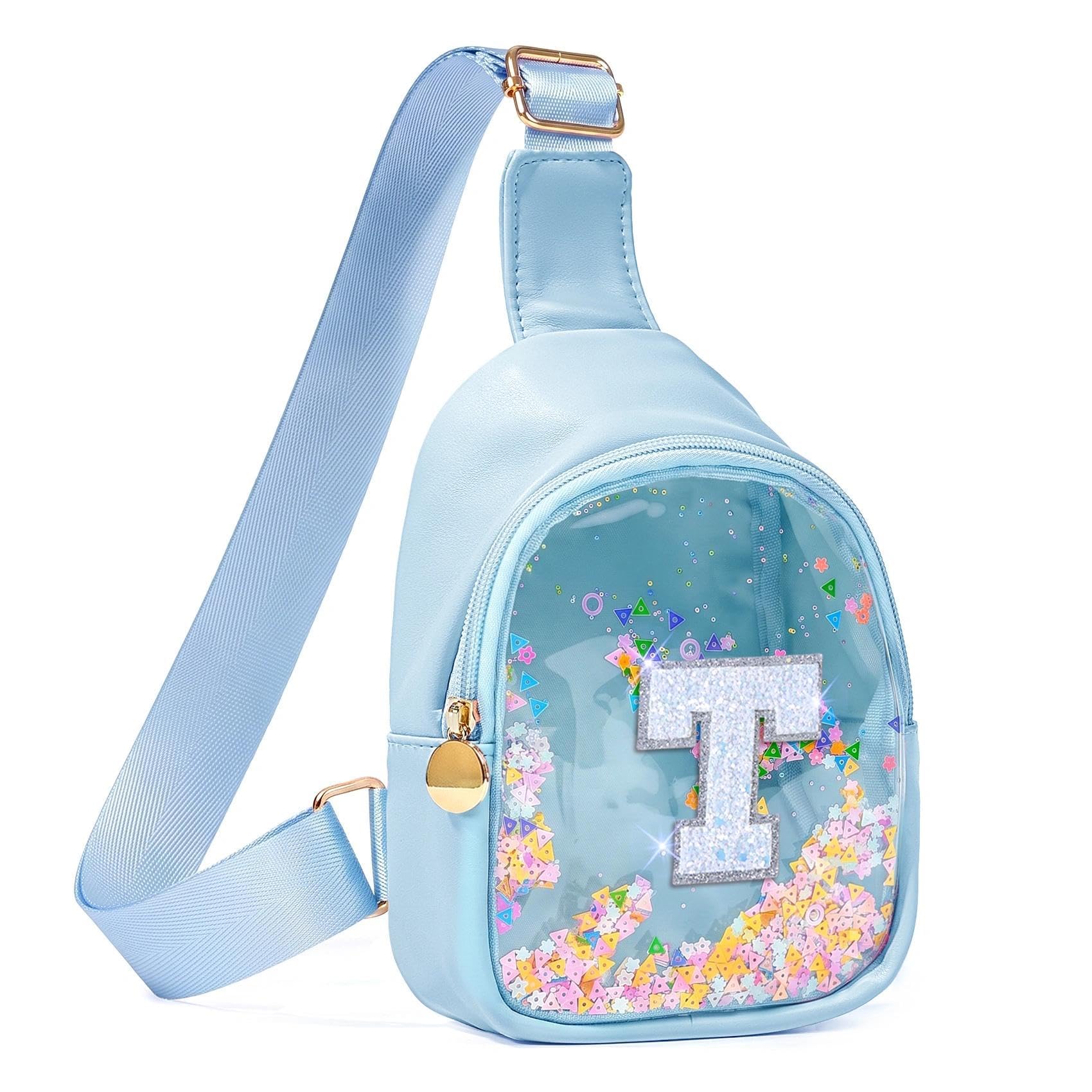 COSHAYSOO Personalized Christmas Birthday Gifts Burr Basket Stuffers for Girls Blue Purse Sling Bag Crossbody Girl Cute Funny Cool Mini Travel Fashion Accessories Monogrammed Initial Letter T