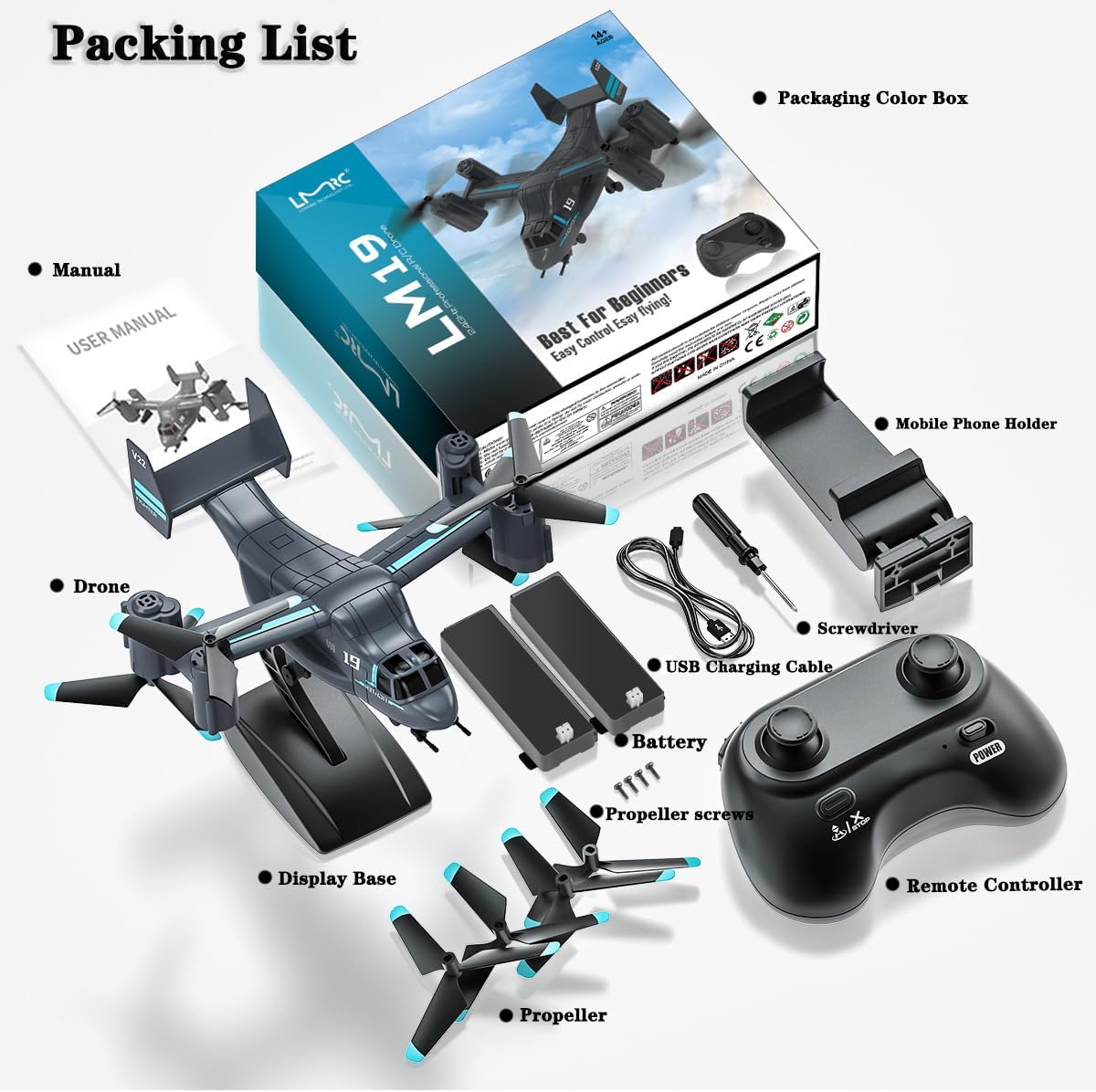 LM19 Drone with HD Camera, RC V22 Osprey Military Helicopter RC Plane, 2.4G 4CH RC Quadcopter with WiFi Live Video, One Key Take Off/Landing, RTF, FPV Drones for Adults, 2 Batteries (720P Pixels)