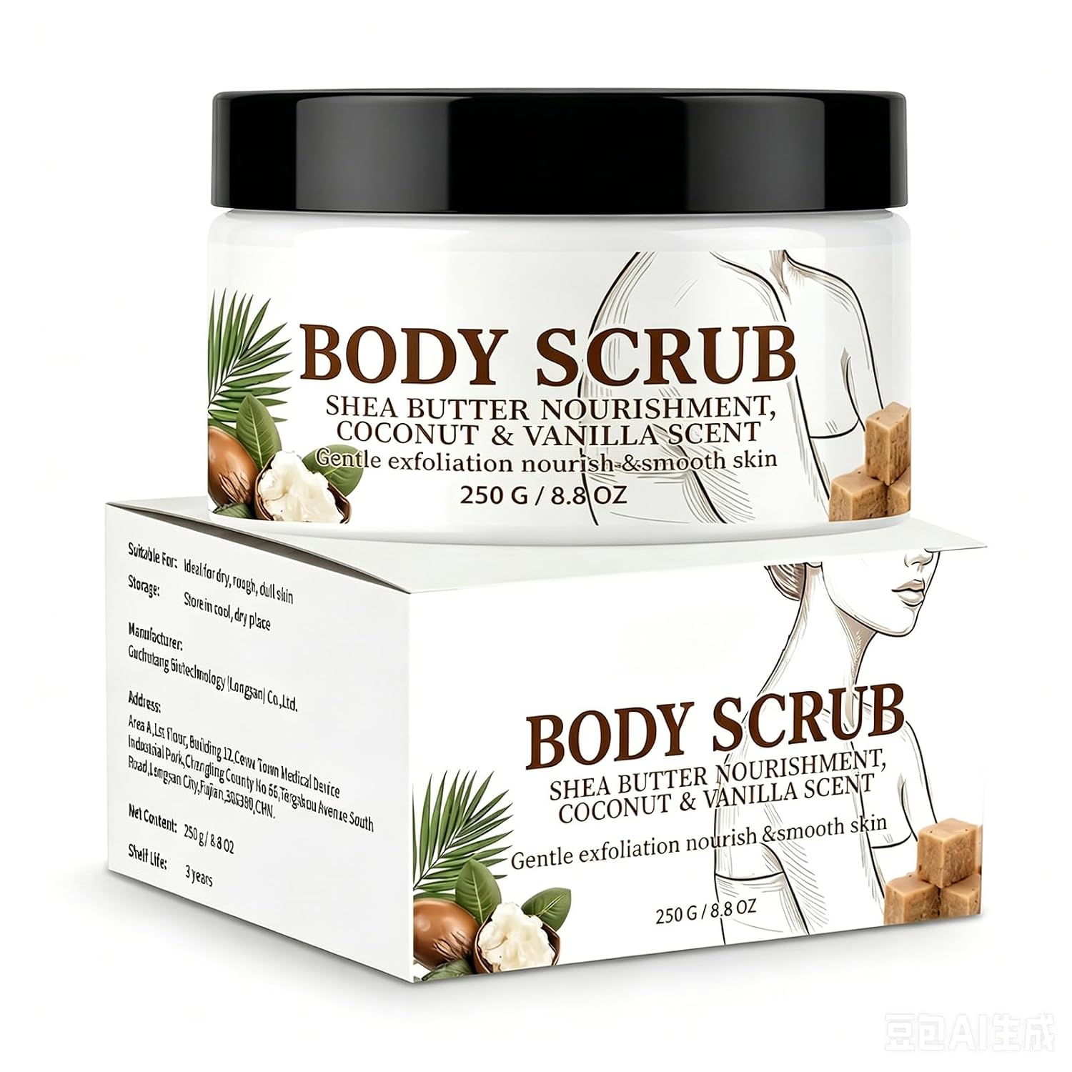 Shea Butter Body Scrub 8.8 Oz, Hydrating & Moisturizing, Gently Cleanses and Exfoliates, Improving Dry & Rough Skin for Smooth, Coconut & Vanilla Scent, Skin Exfoliator for Women and Men