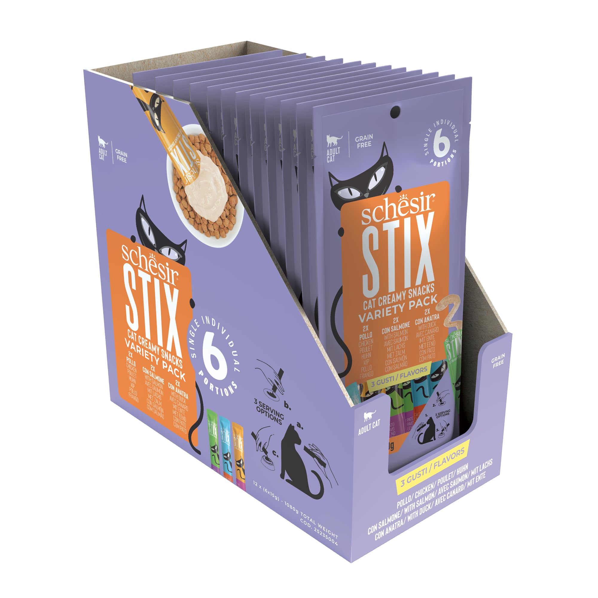 Schesir Stix, Variety Pack, cremige und ergänzende Snacks für Katzen (12 Packungen mit je 6 Snacks)