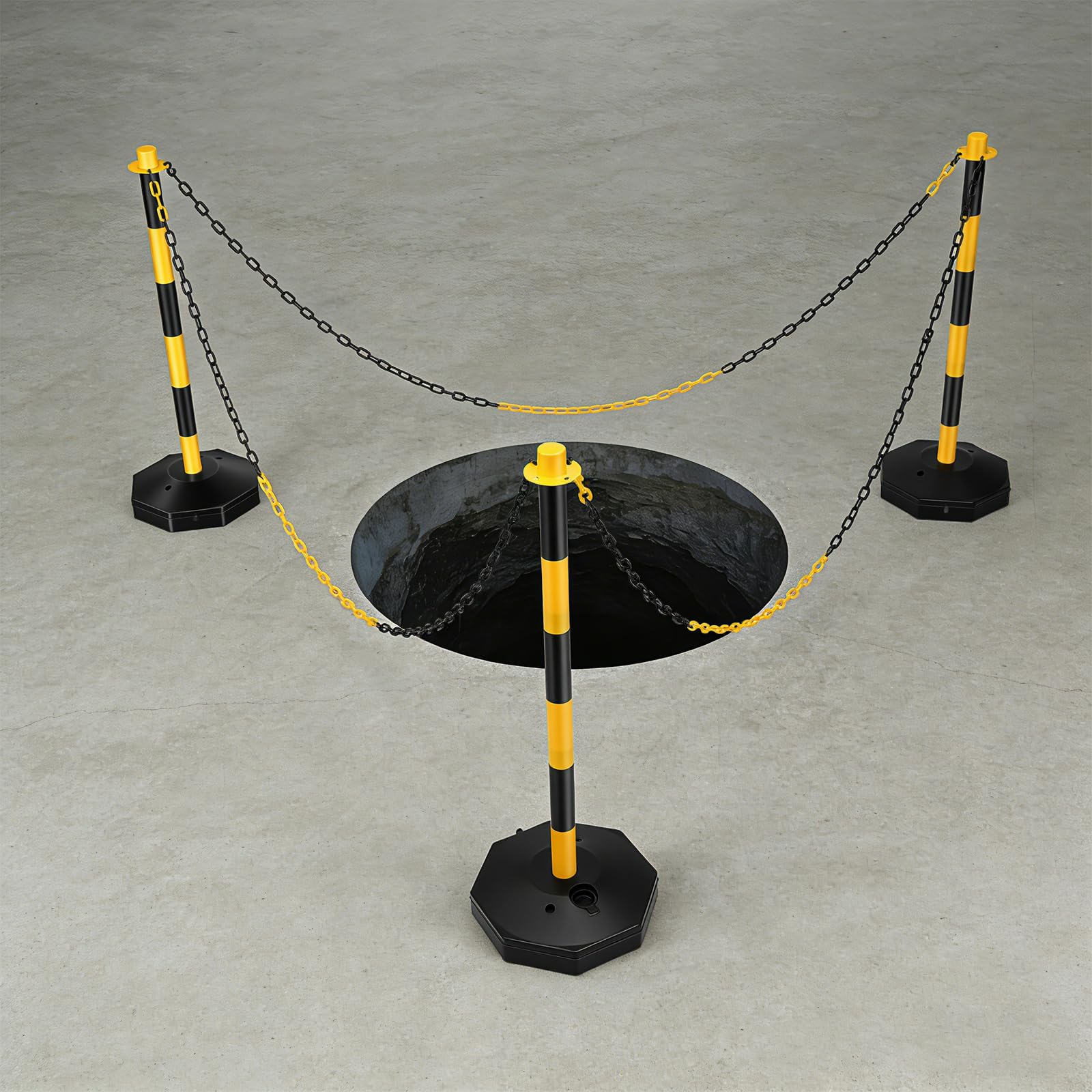6 postes amarillos y negros, bolardos de plástico amarillo con base y cadenas de 2 m, de plástico, para hoteles, aparcamientos, céspedes