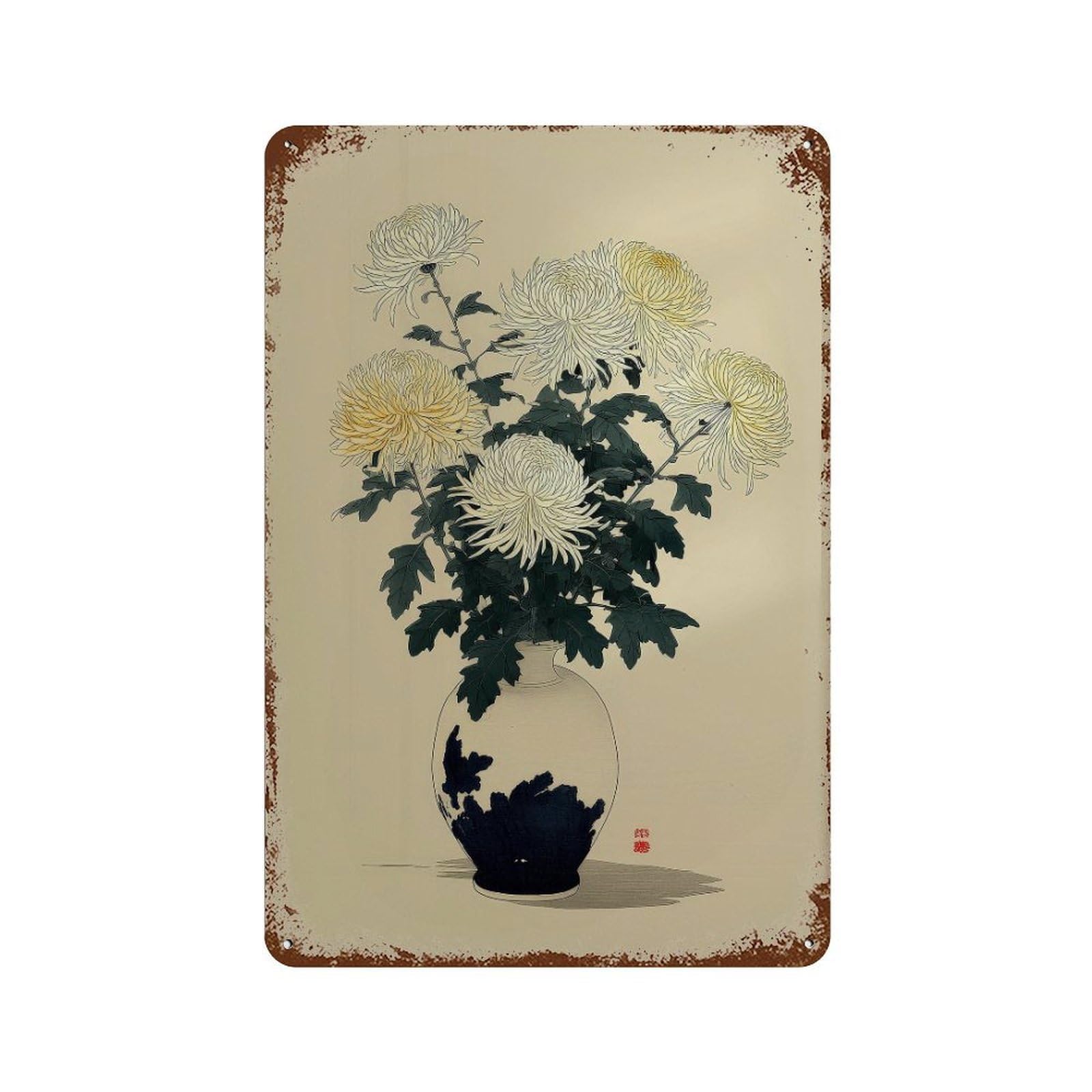 xiaoxiaoshen Chrysanthemum Flowers. Traditional Japanese Botanical Wall Decor Art Metal Tin Poster Modern Home Decor Art Home Bar Shop Decorations Vintage Sign 30x20cm