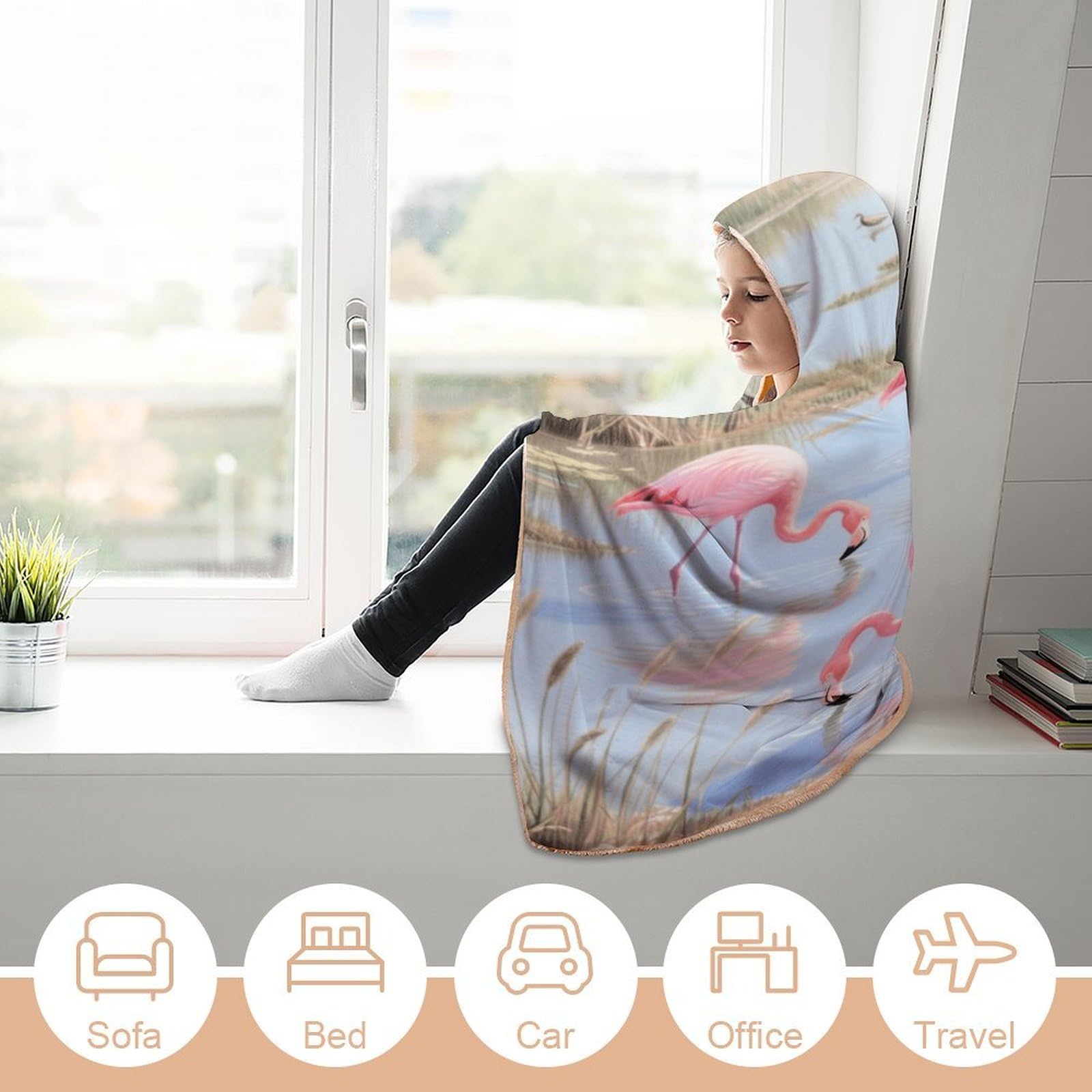 Koc do noszenia, ponczo na pelerynę, oversize, miękki, ciepły, narzuta, koc dla dorosłych, żerowanie flamingów, koc, bluza z kapturem
