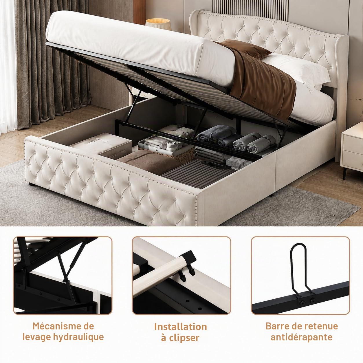 Lit Coffre 160x200 cm avec Sommier, Lit Double Rembourré en Velours avec Grand Rangement, Tête de Lit Élégante, Cadre de Lit Stable pour Adultes et Adolescents (Beige)