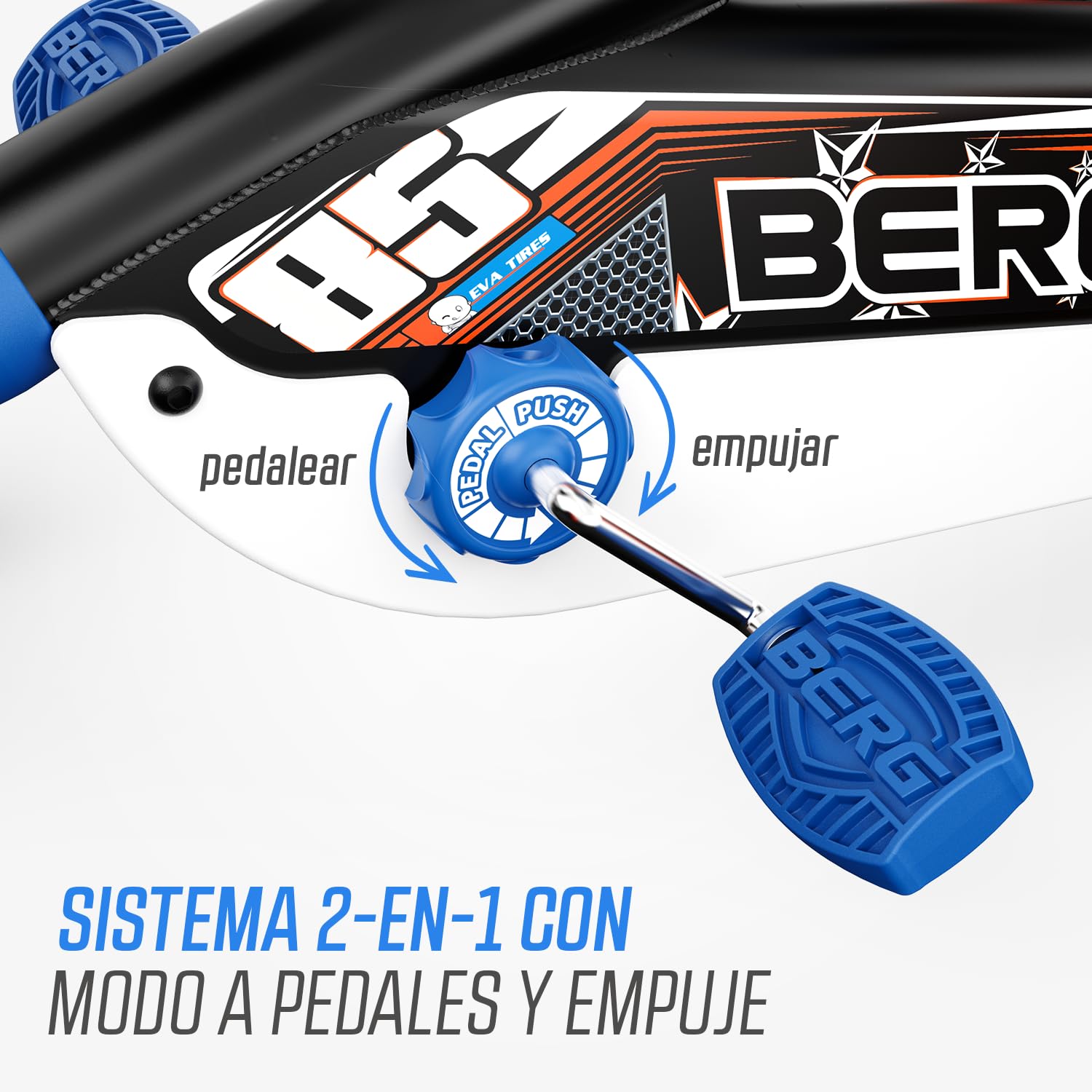 BERG Correpasillos Buzzy Nitro 2-in-1 Azul/Naranja | 2-5 años, cuadro resistente, asiento regulable, volante regulable