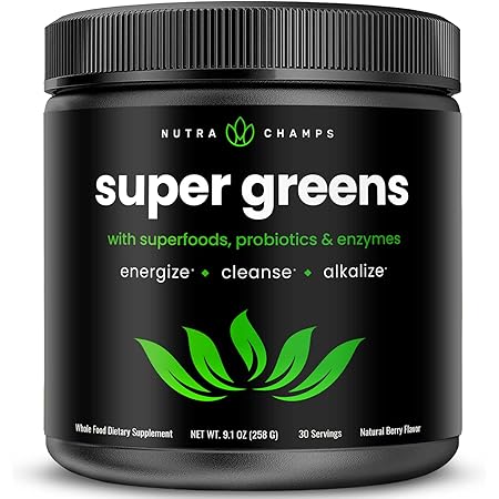 Super Greens Powder Premium Superfood | 20+ Organic Green Veggie Whole Foods | Wheat Grass, Spirulina, Chlorella & More | Antioxidant, Digestive Enzyme & Probiotic Blends | Vegan Juice Supplement