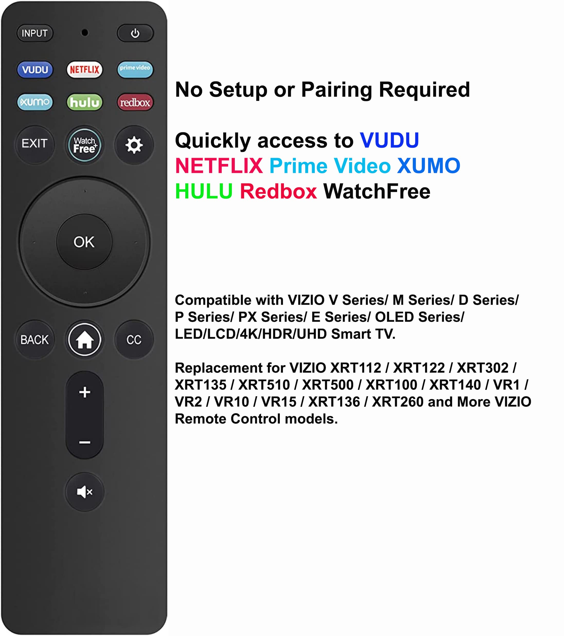 Telecomando universale XRT260 per tutti Vizio LCD LED 4K HDR Smart TV senza comando vocale con pulsanti Netflix, Prime Video, Hulu, XUMO, VUDU, Redbox