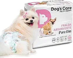 DOG’S CARE Fralda Descartável Para Cães Fêmeas de 3kg - Fralda Absorvente Para Cachorros Idosos e Filhotes - Tamanho PP - 6 Unidades