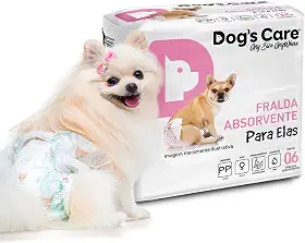 DOG’S CARE Fralda Descartável Para Cães Fêmeas de 3kg - Fralda Absorvente Para Cachorros Idosos e Filhotes - Tamanho PP - 6 Unidades