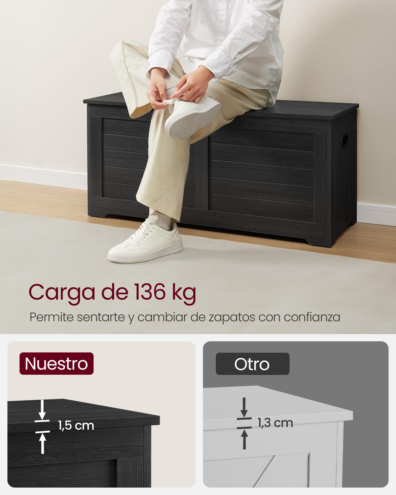 VASAGLE Puff Almacenaje con 2 Bisagras de Seguridad, 40 x 100 x 46 cm | Baúl, Banco Zapatero, Estilo de Campo, para Pasillo Dormitorio Salón, Gris Carbón, Colección SOFIE LSB061B01