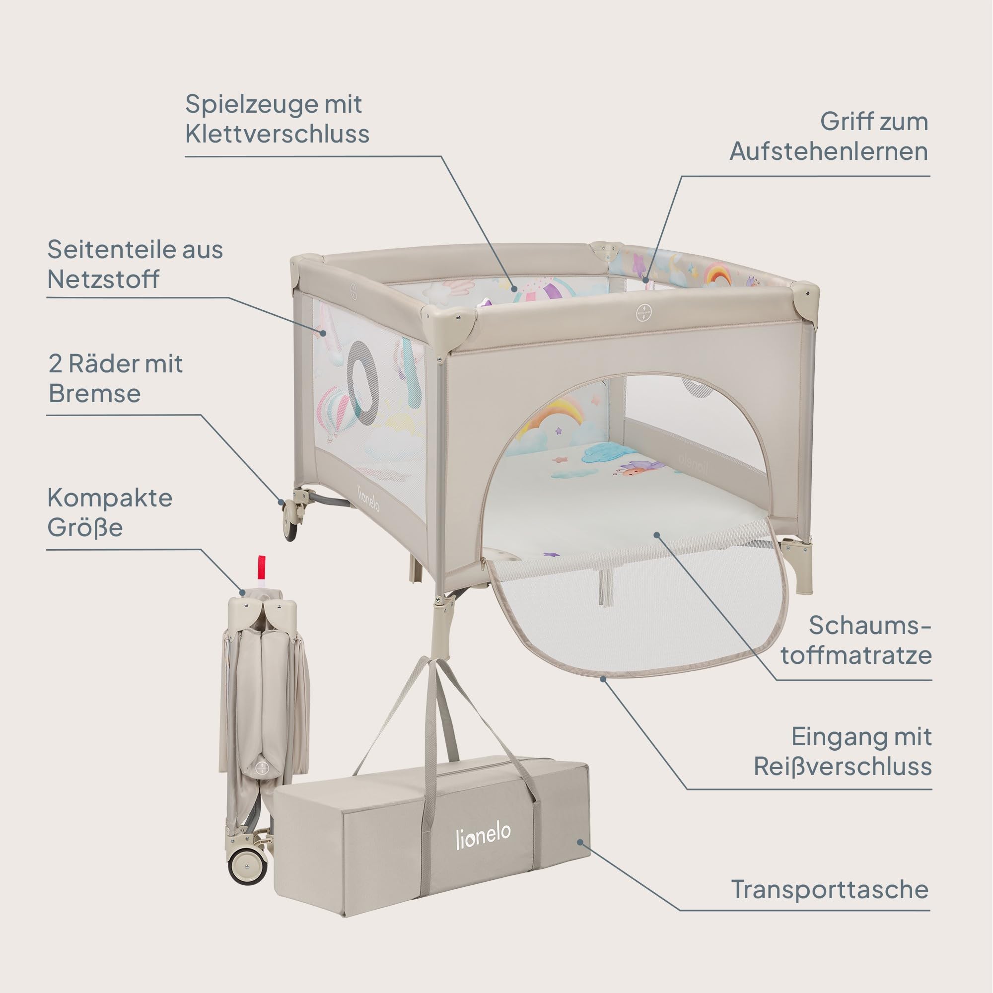 LIONELO Mille Plus Laufstall 100x100 cm mit Komfortmatte mit 3D-Bezug für Babys, bis 15 kg (0–36 Monate), Seiteneinstieg mit Reißverschluss, 2 Rollen mit Bremse, faltbar, Tragetasche