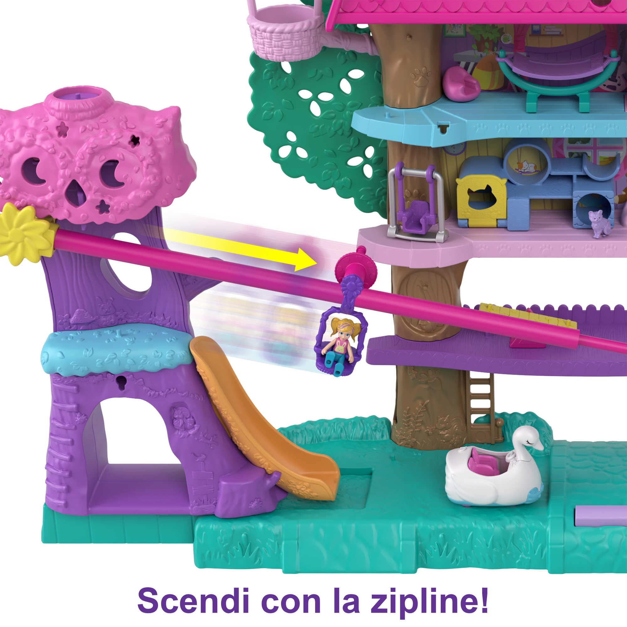 Polly Pocket Pollyville - Casa sull'Albero dei Cuccioli, playset a 5 piani, oltre 15 pezzi gioco: 2 bambole, veicolo, 4 animali, Giocattolo e regalo per Bambini 4+ Anni, HJJ98