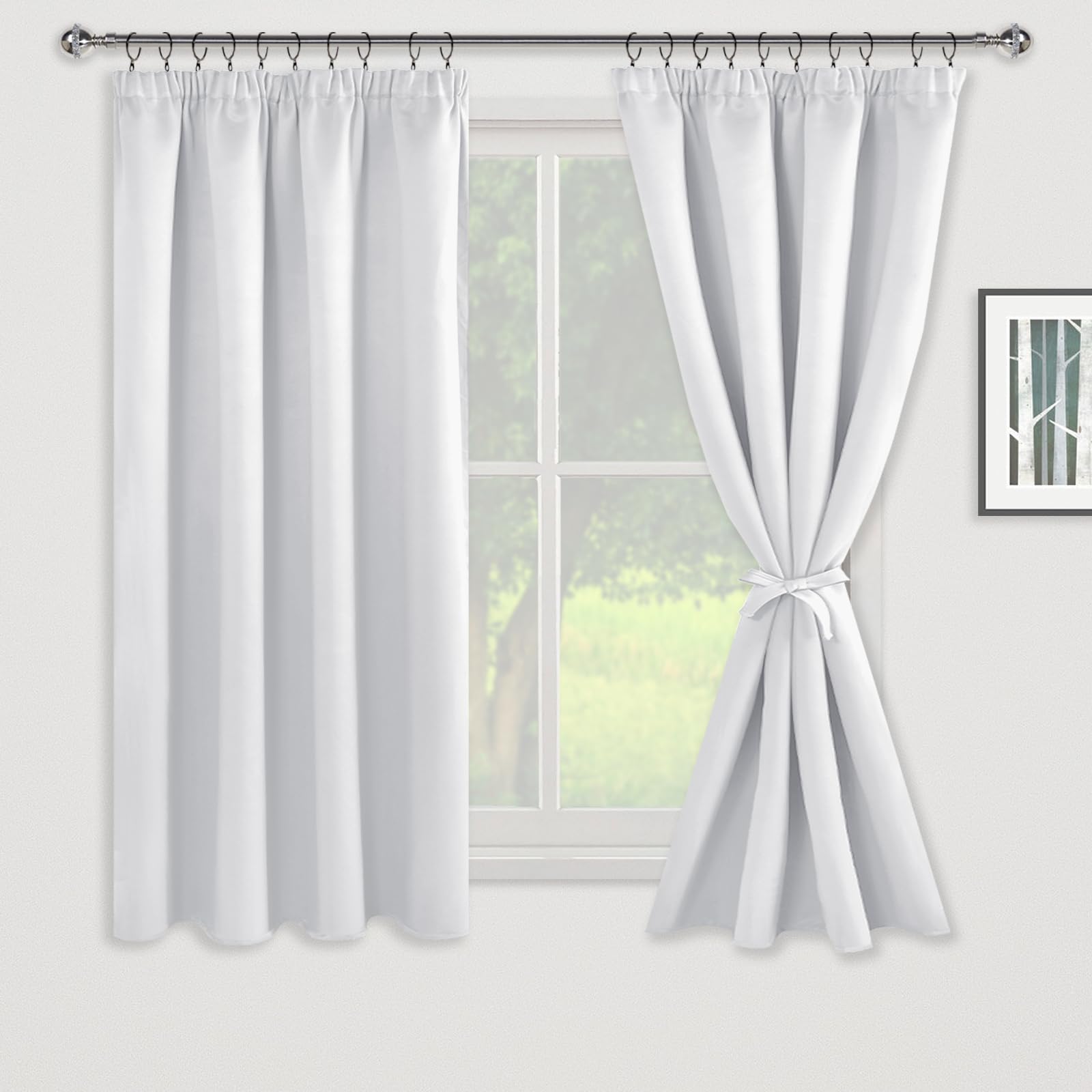 JIUZHEN Opaque Curtains with Ruffle Tape, Blackout Curtains, Living Room Curtains, Bedroom, Thermal Curtain, White Grey, H 145 x W 140 cm, Set of 2 - Image 2