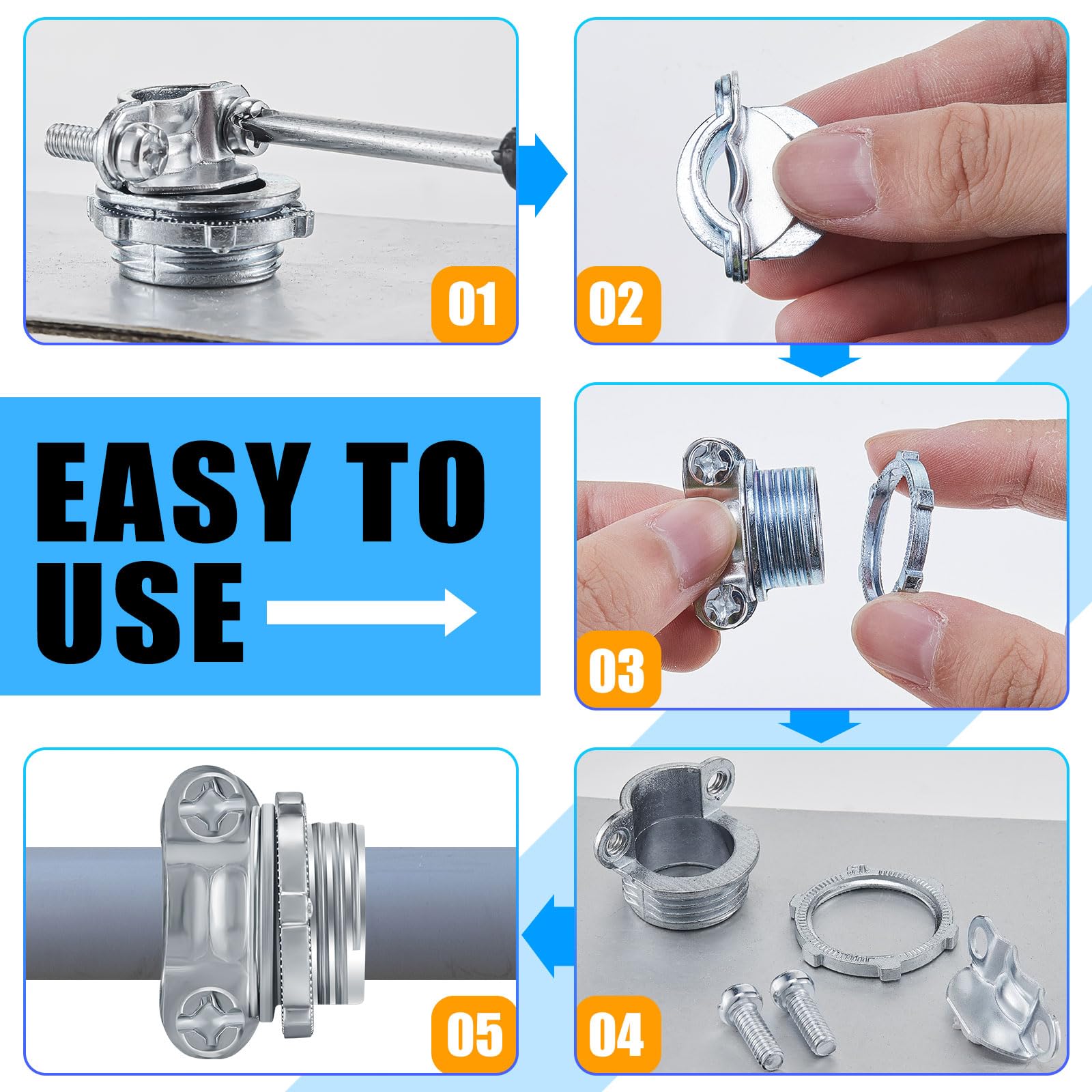 Blulu 50 connettori per cavi, a morsetto, per cavi elettrici, metallici, per proteggere i cavi, in zinco argentato (1/2", 1/2")